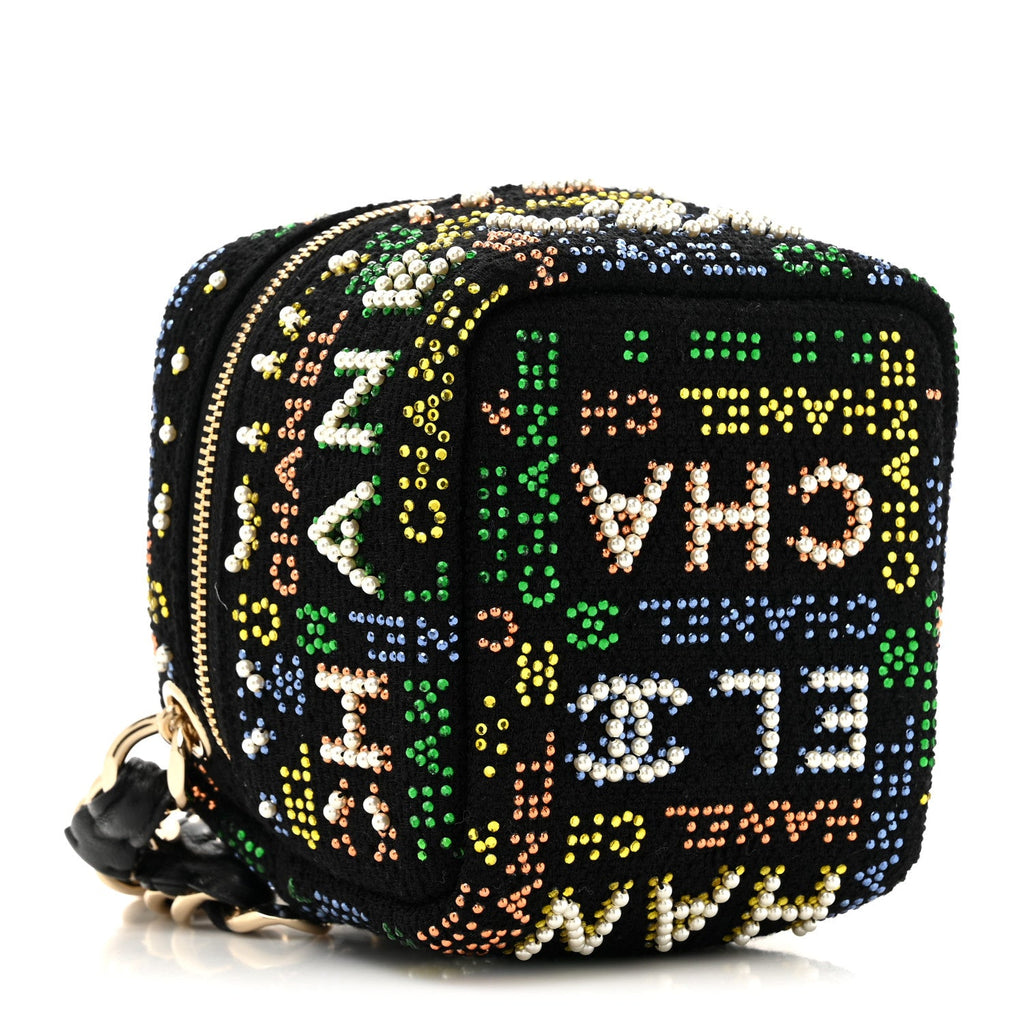 Tweed Pearl Studded Vanity Wrist Case With Chain Black Multicolor