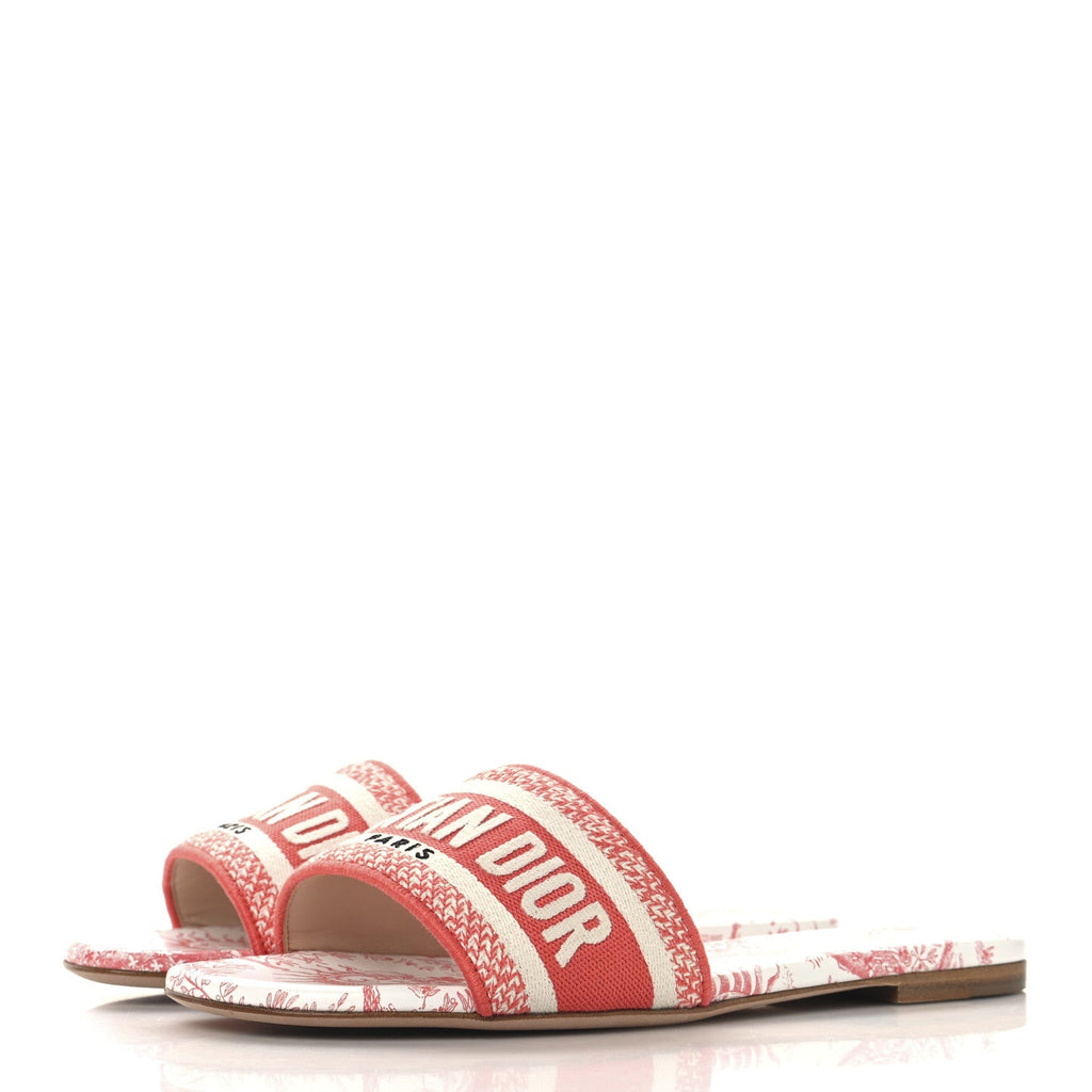 Canvas Soleil Embroidered Dway Flat Slide Sandals 38.5 Coral