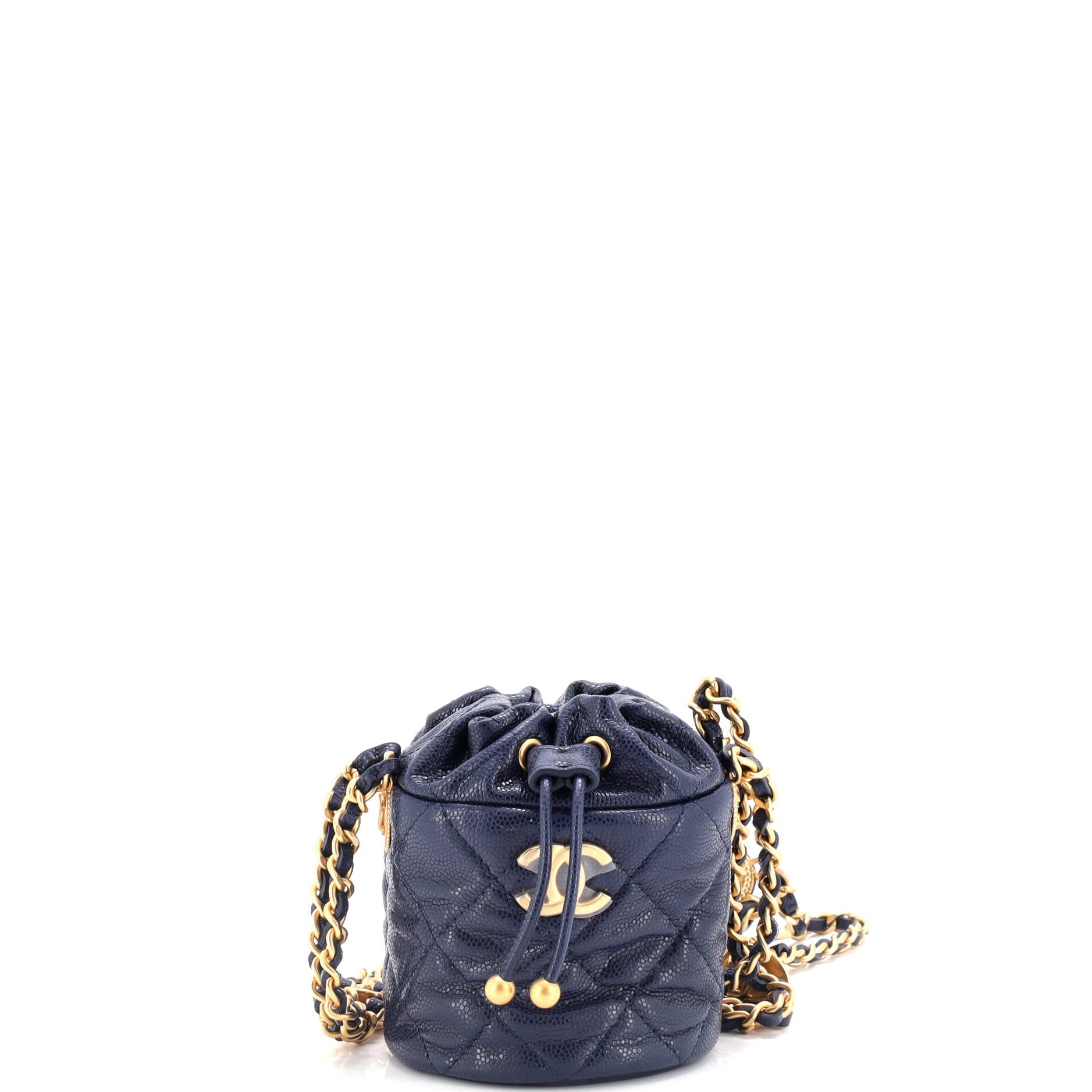 Twist Your Buttons Drawstring Bucket Bag Quilted Caviar Mini