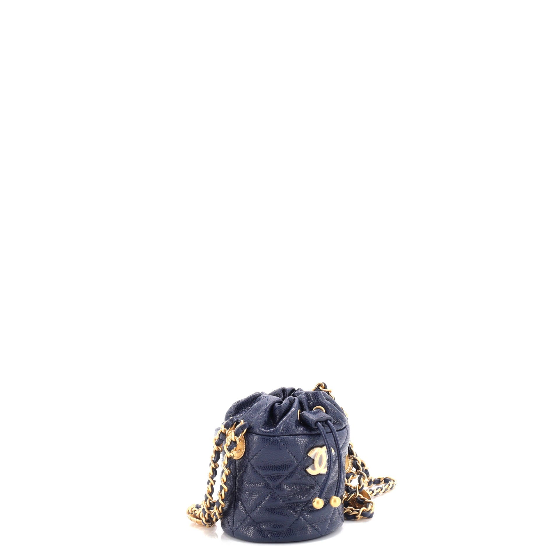 Twist Your Buttons Drawstring Bucket Bag Quilted Caviar Mini