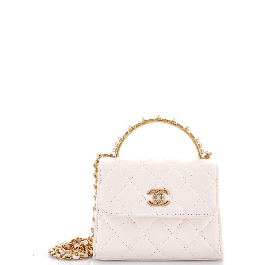 Logo and Pearl Top Handle Clutch with Chain Quilted Lambskin Small