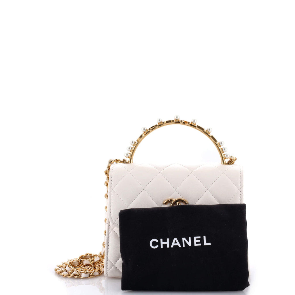 Logo and Pearl Top Handle Clutch with Chain Quilted Lambskin Small