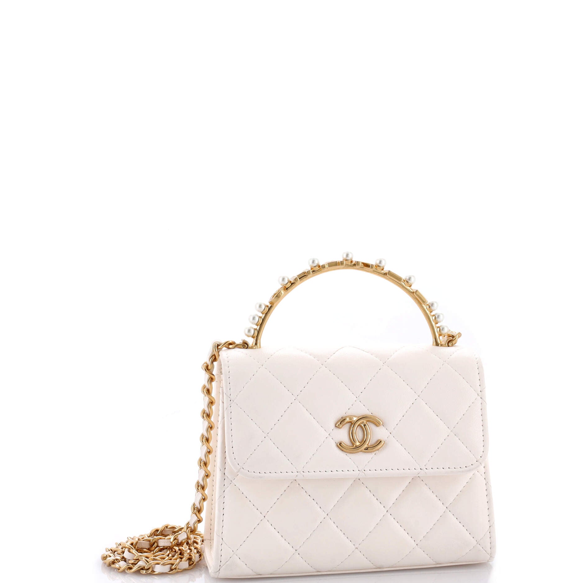 Logo and Pearl Top Handle Clutch with Chain Quilted Lambskin Small