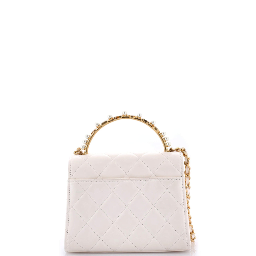 Logo and Pearl Top Handle Clutch with Chain Quilted Lambskin Small