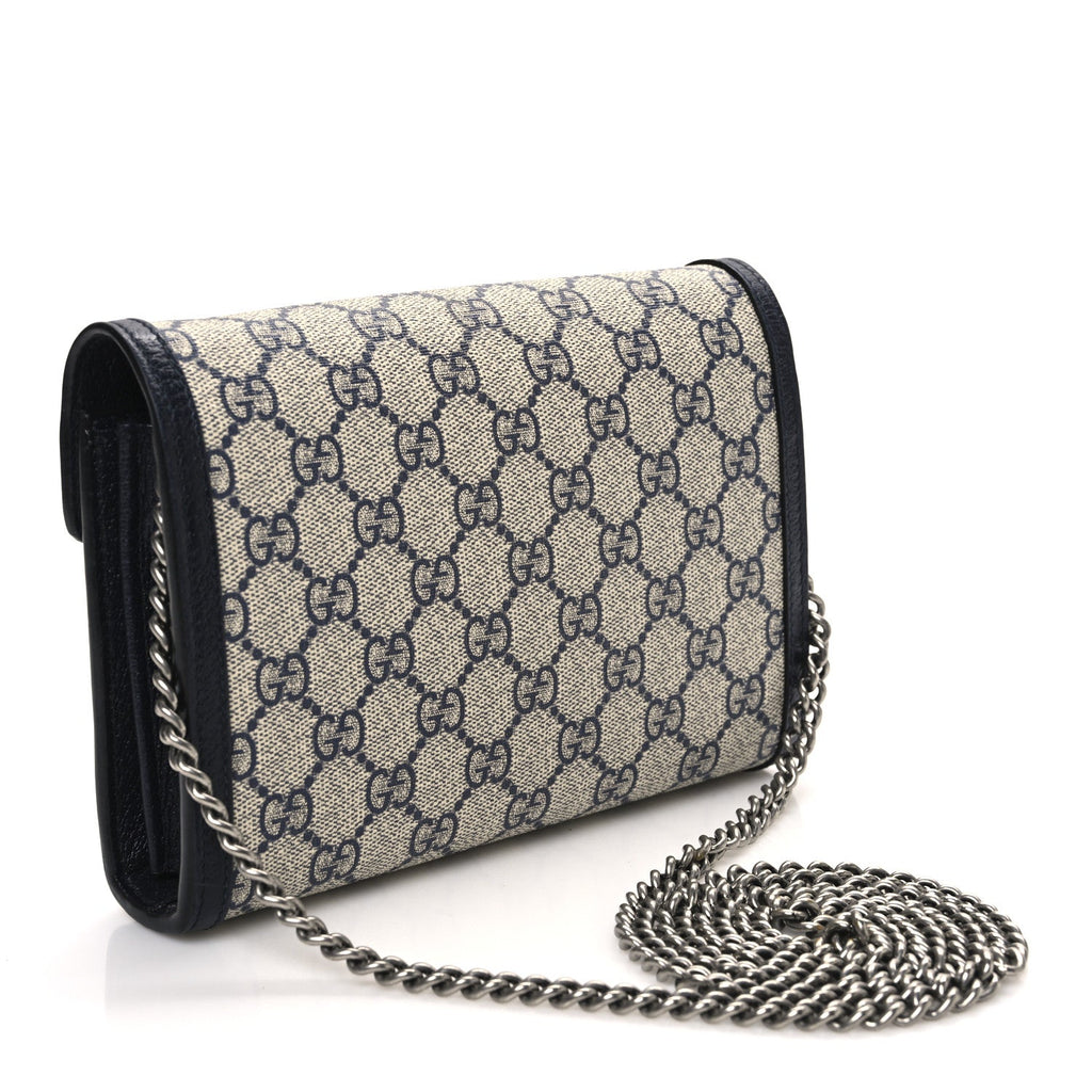 GG Supreme Monogram Textured Dollar Calfskin Mini Dionysus Chain Wallet Beige Blue