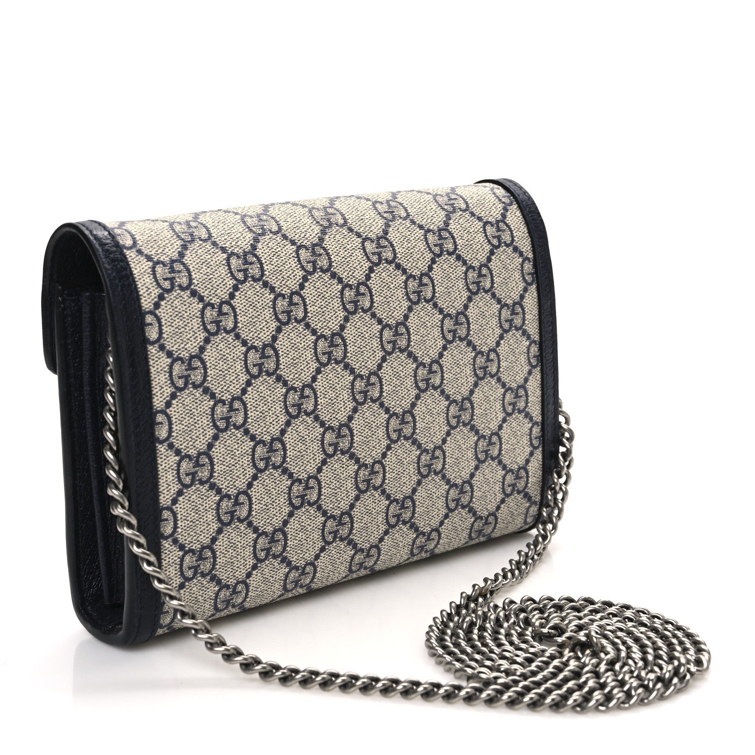 GG Supreme Monogram Textured Dollar Calfskin Mini Dionysus Chain Wallet Beige Blue