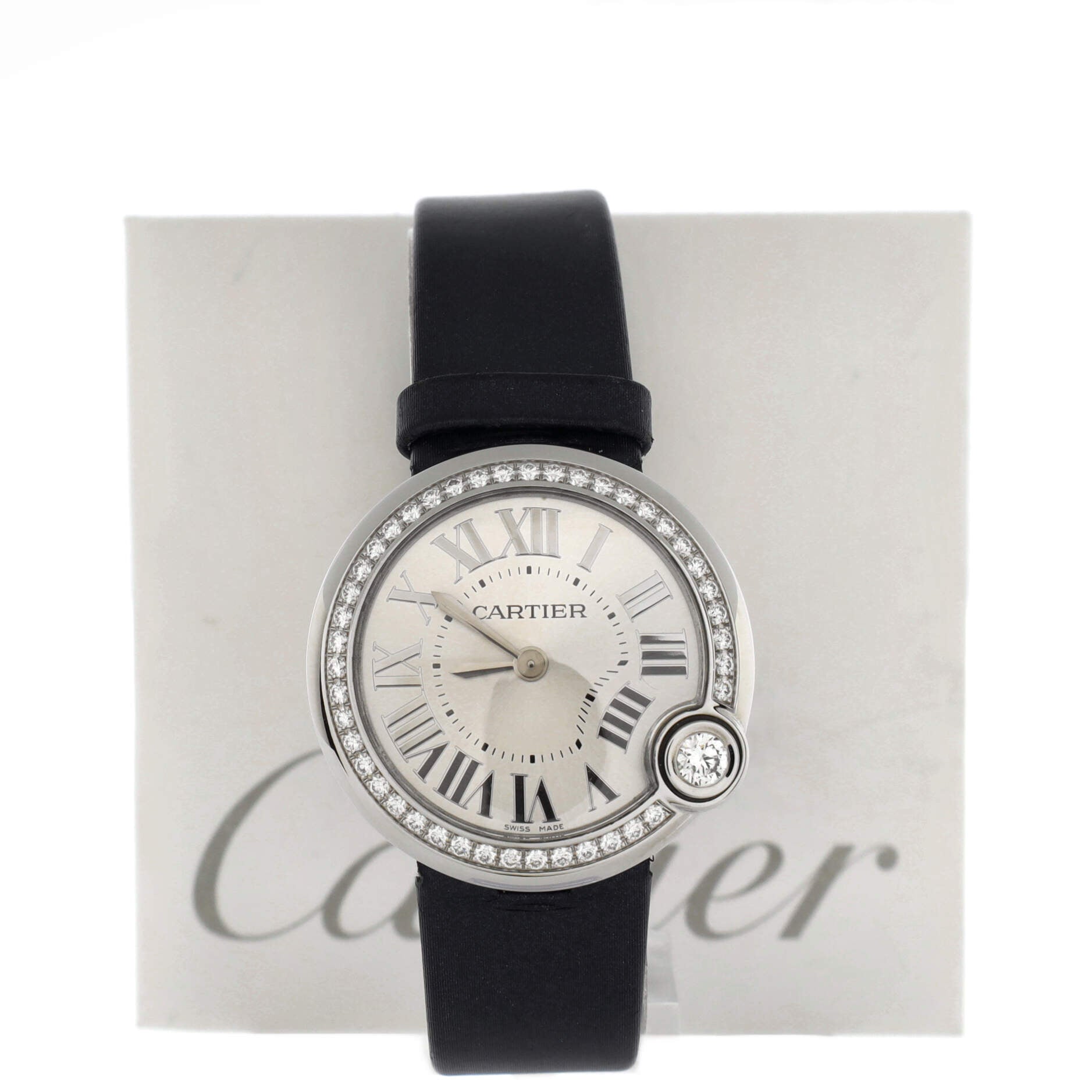 Ballon Blanc de Cartier Quartz Watch Stainless Steel and Satin with Diamond Bezel 30