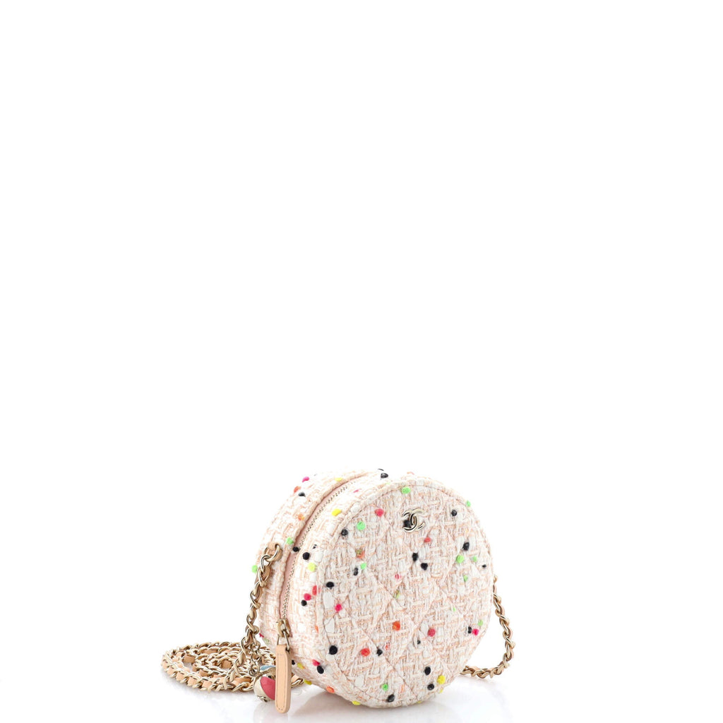 Charm Round Clutch with Chain Quilted Tweed