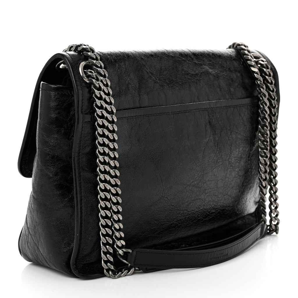 Crinkled Calfskin Monogram Medium Niki Chain Satchel Black