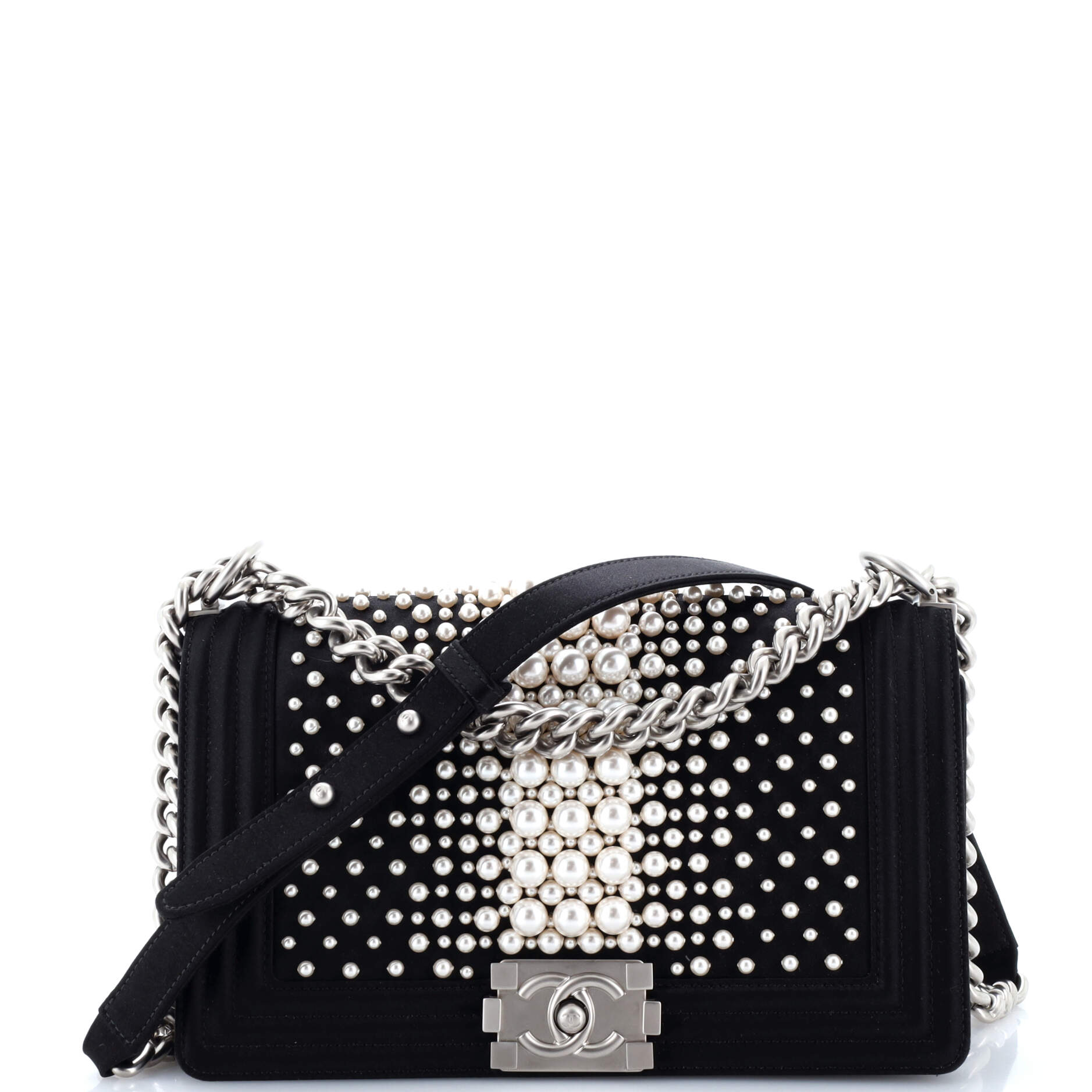 Boy Flap Bag Pearl Embellished Satin Old Medium