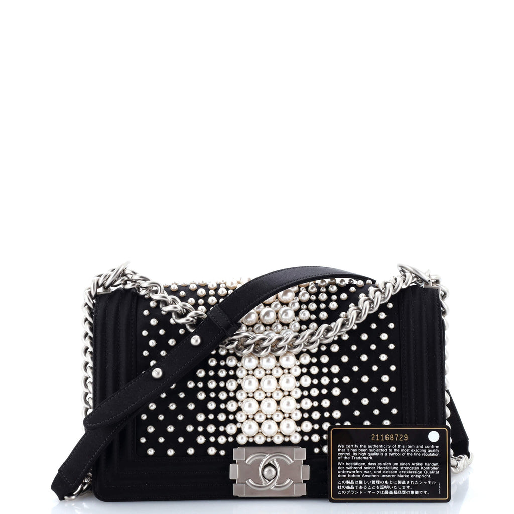 Boy Flap Bag Pearl Embellished Satin Old Medium