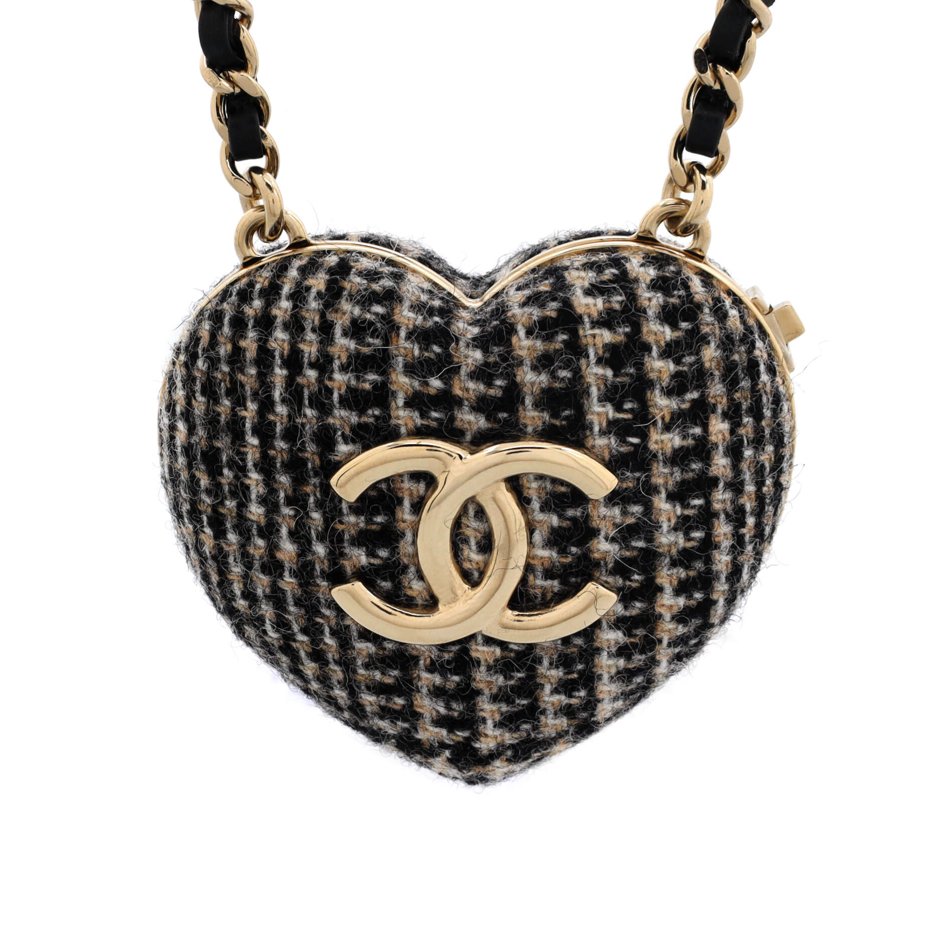 CC Heart Locket Pendant Necklace Metal with Tweed, Leather, and Resin