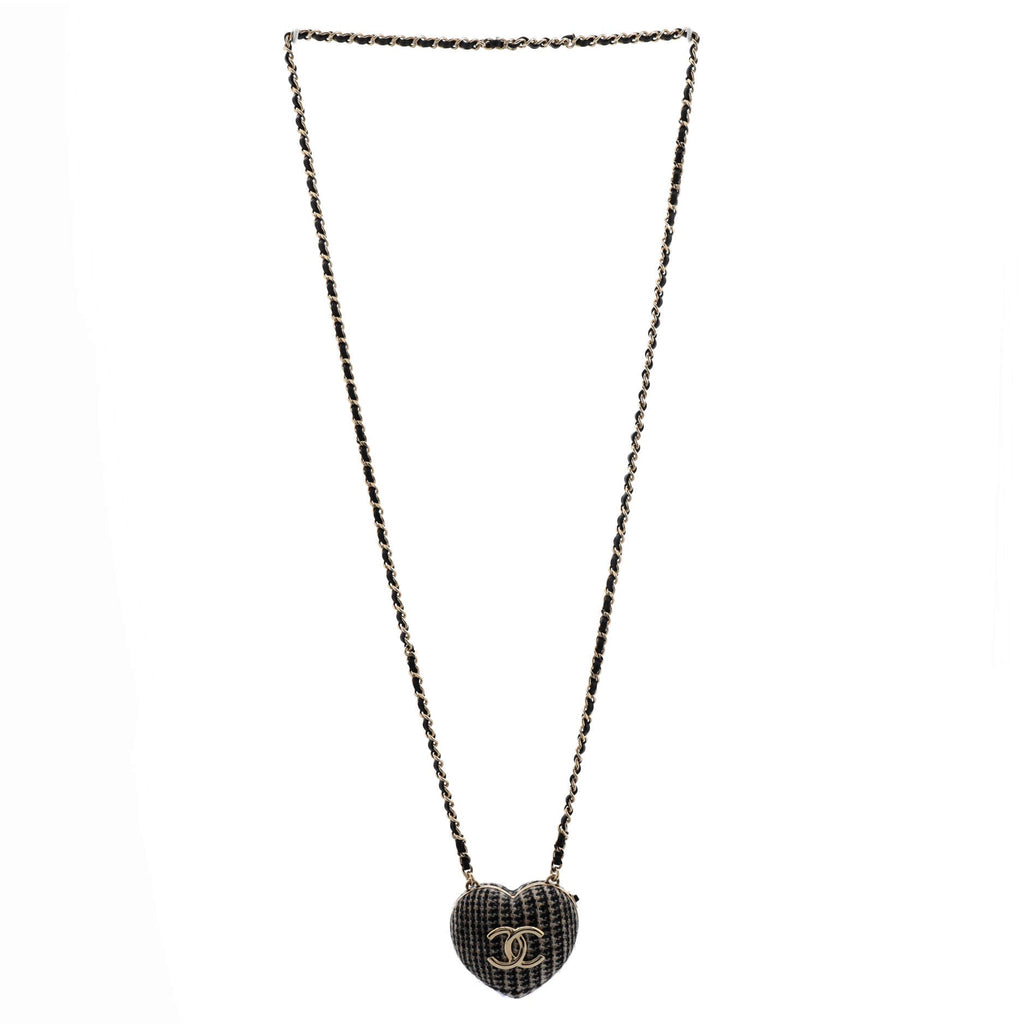 CC Heart Locket Pendant Necklace Metal with Tweed, Leather, and Resin