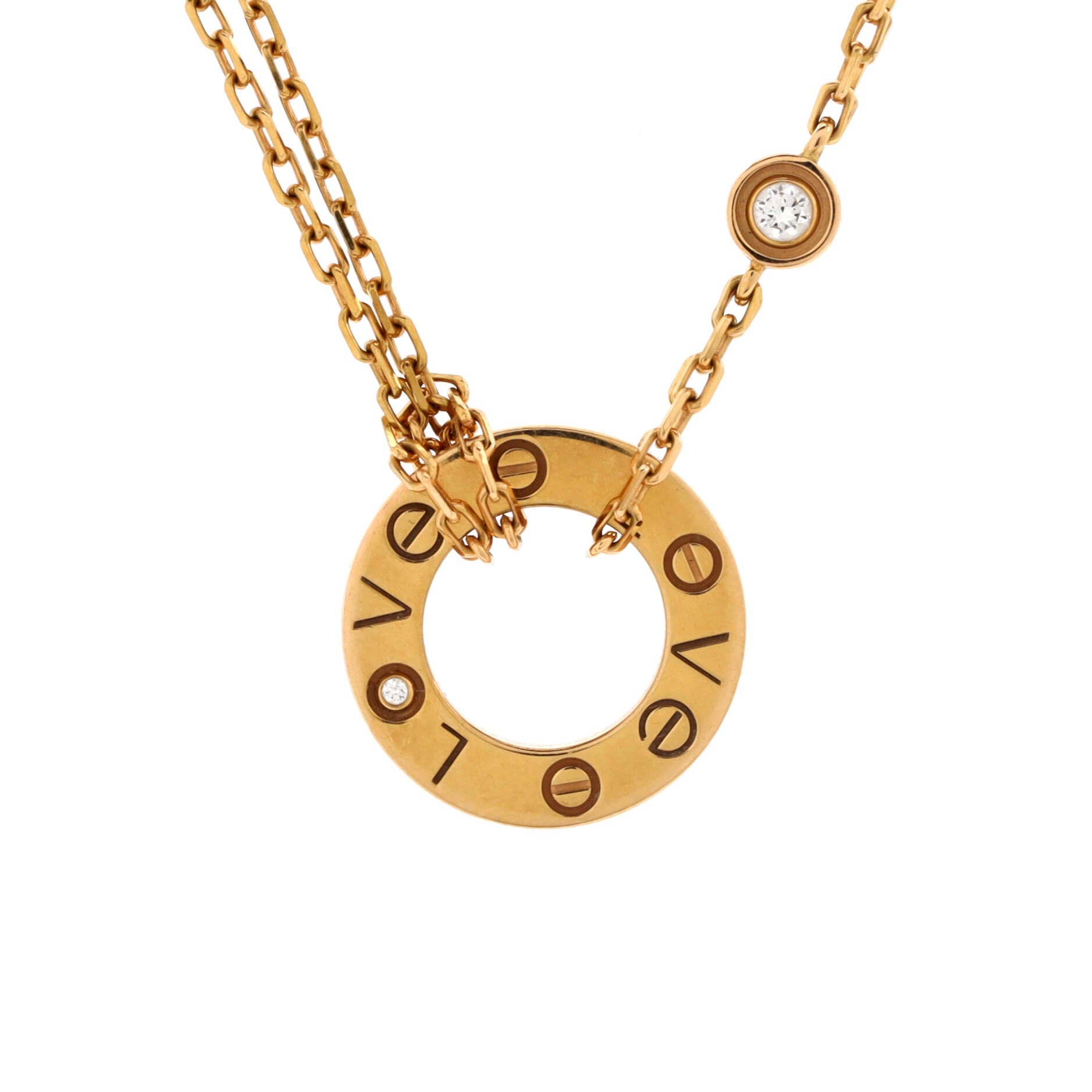 2 Diamonds Love Pendant Necklace 18K Yellow Gold and Diamonds