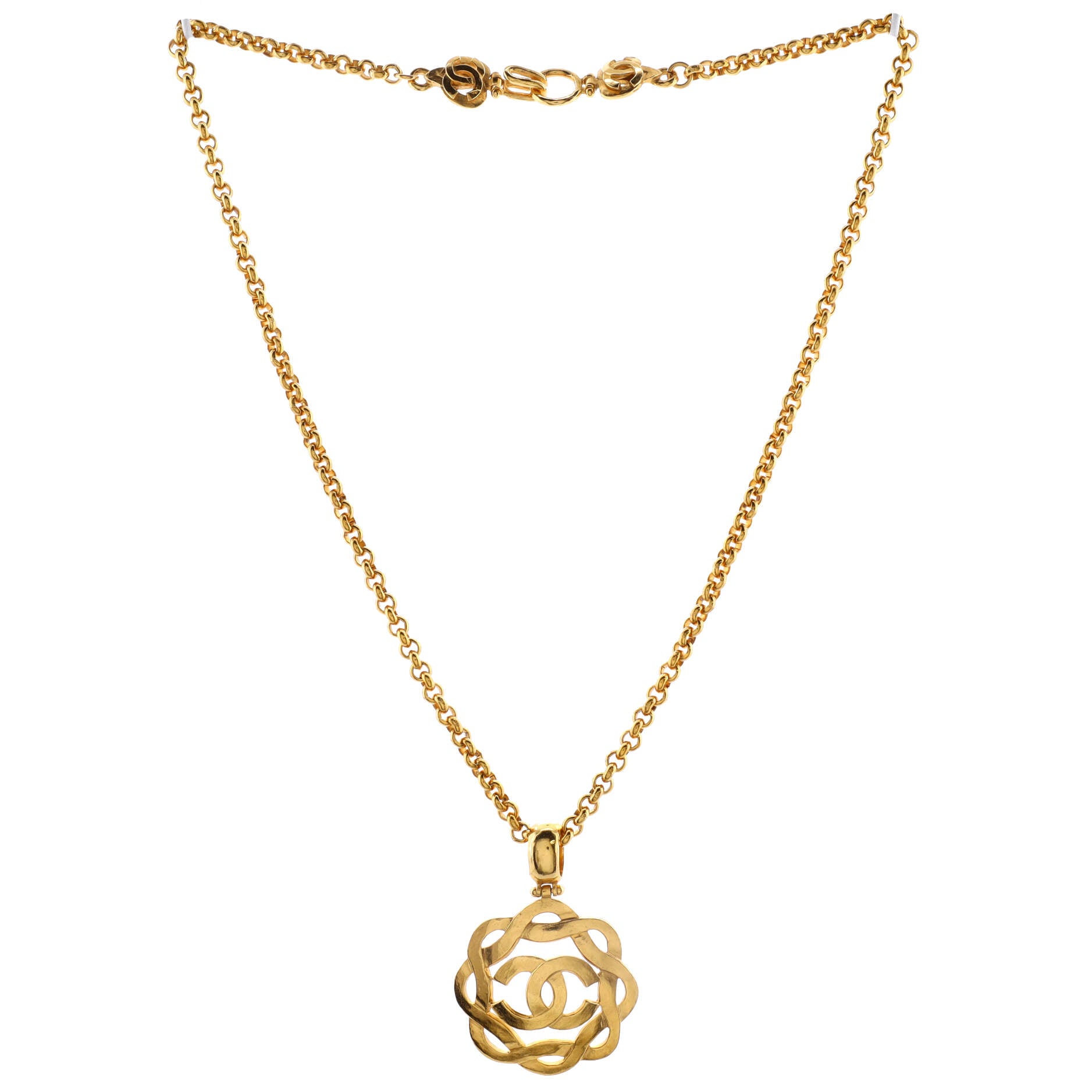 Vintage CC Round Pendant Long Necklace Metal