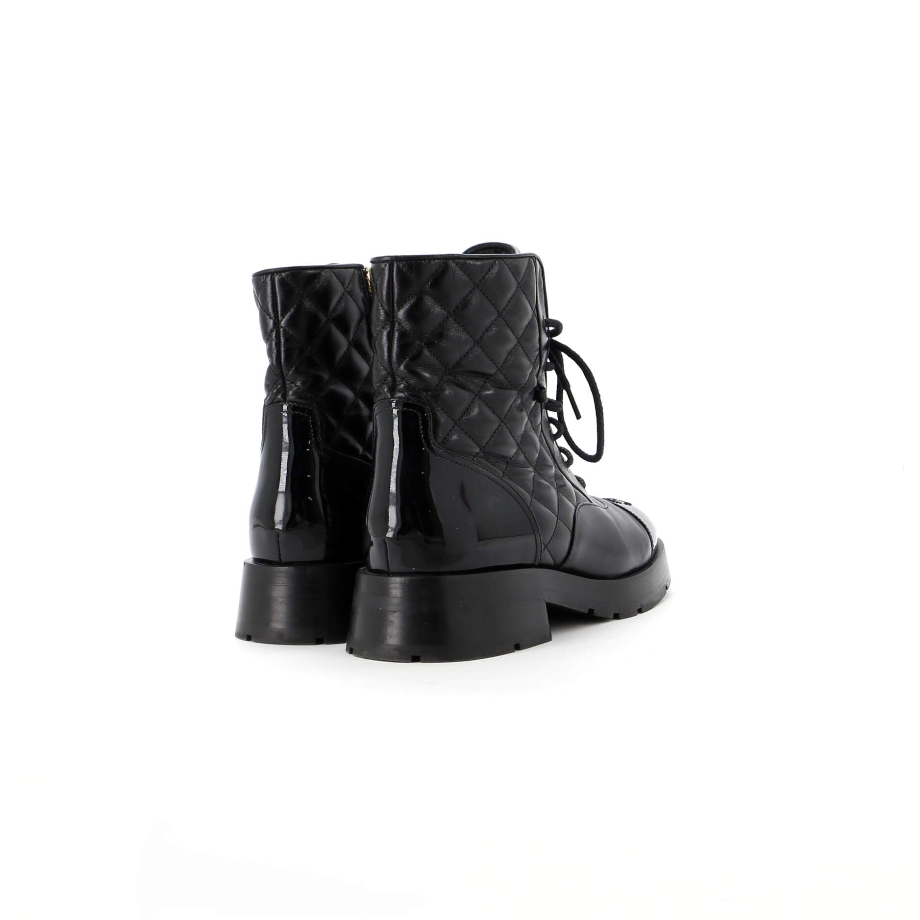 Women's Charm Chain CC Cap Toe Combat Boots Quilted Leather