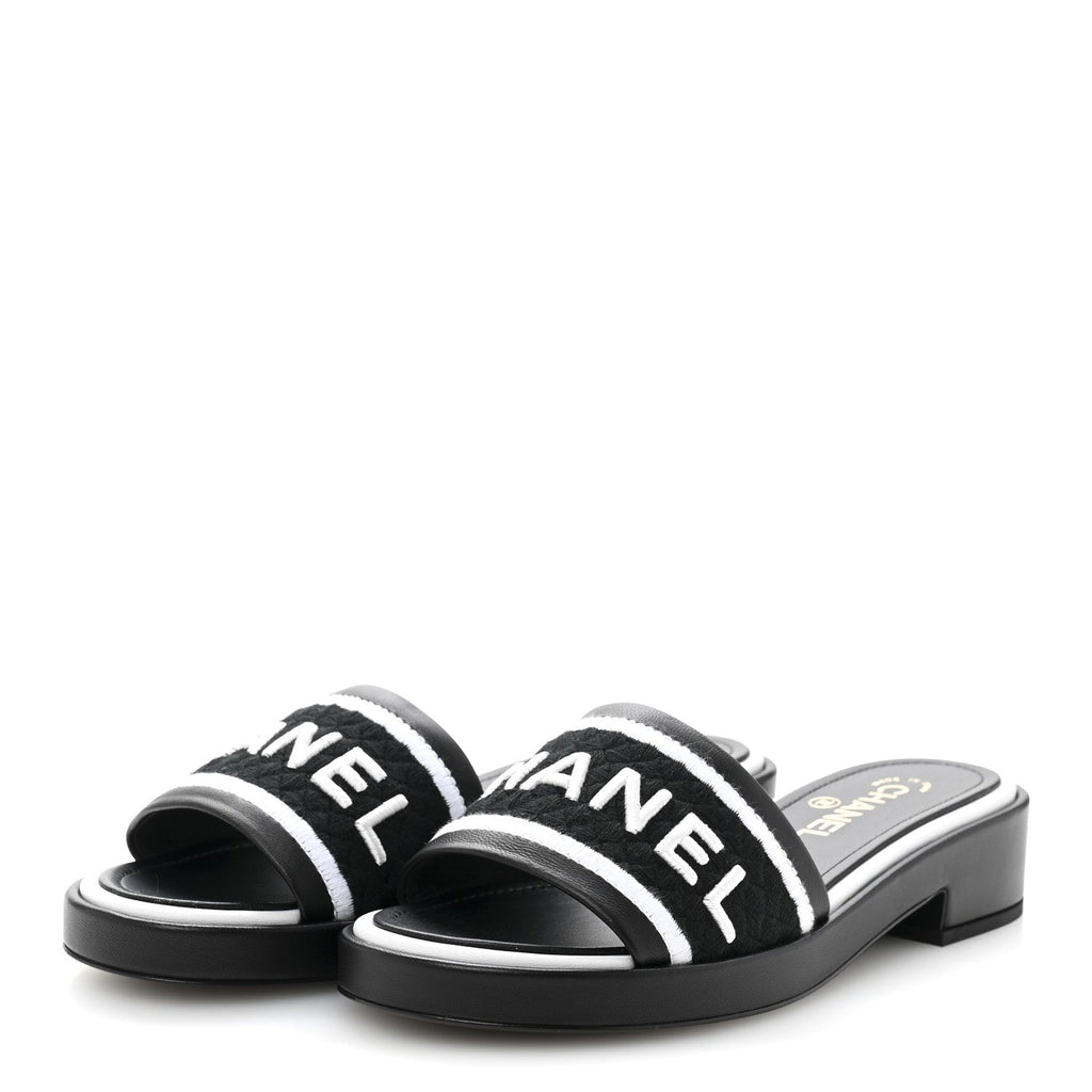 Lambskin Embroidered CC Mule Sandal 38.5 Black White