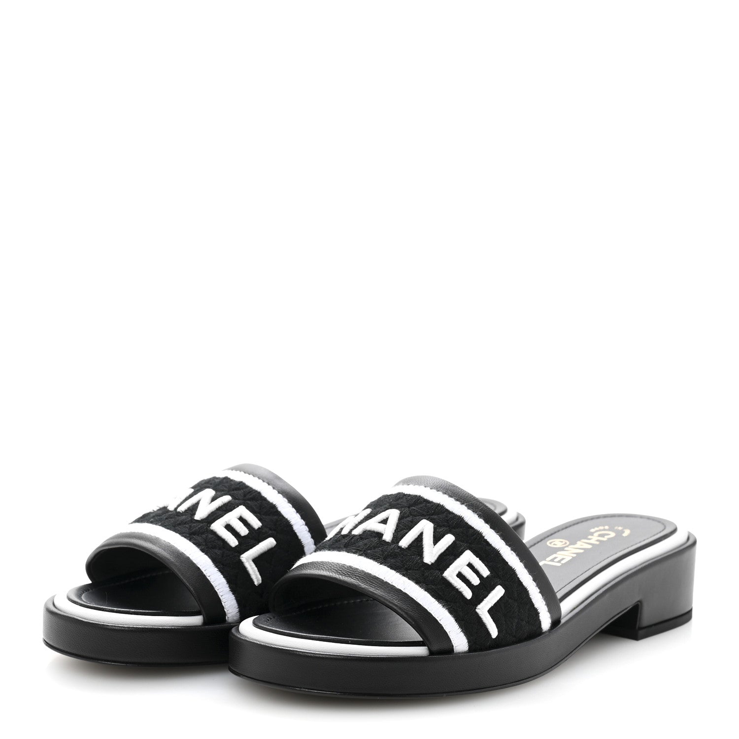 Lambskin Embroidered CC Mule Sandal 38.5 Black White