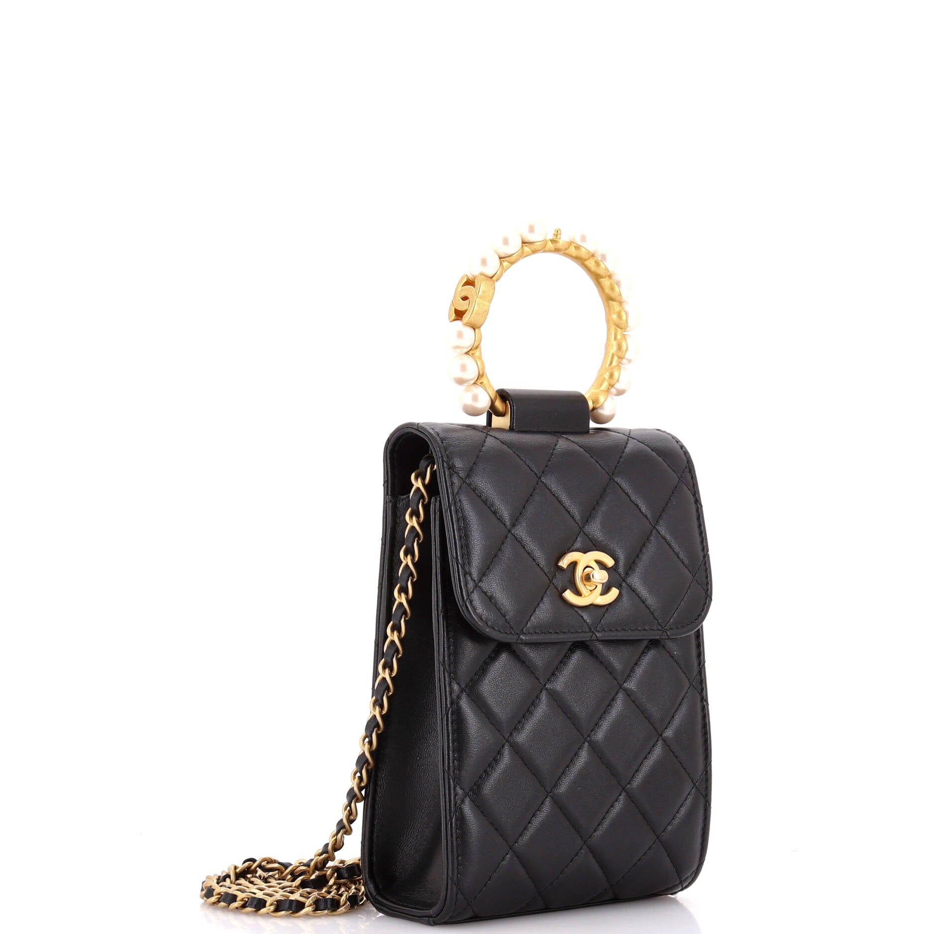 Pearl Crown Phone Holder with Chain Quilted Lambskin