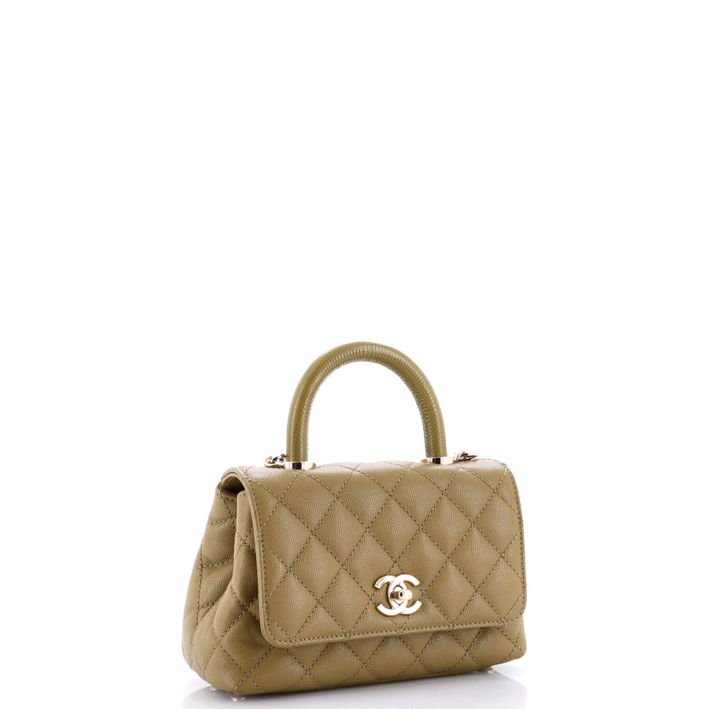 Coco Top Handle Bag Quilted Caviar with Lizard Embossed Handle Extra Mini