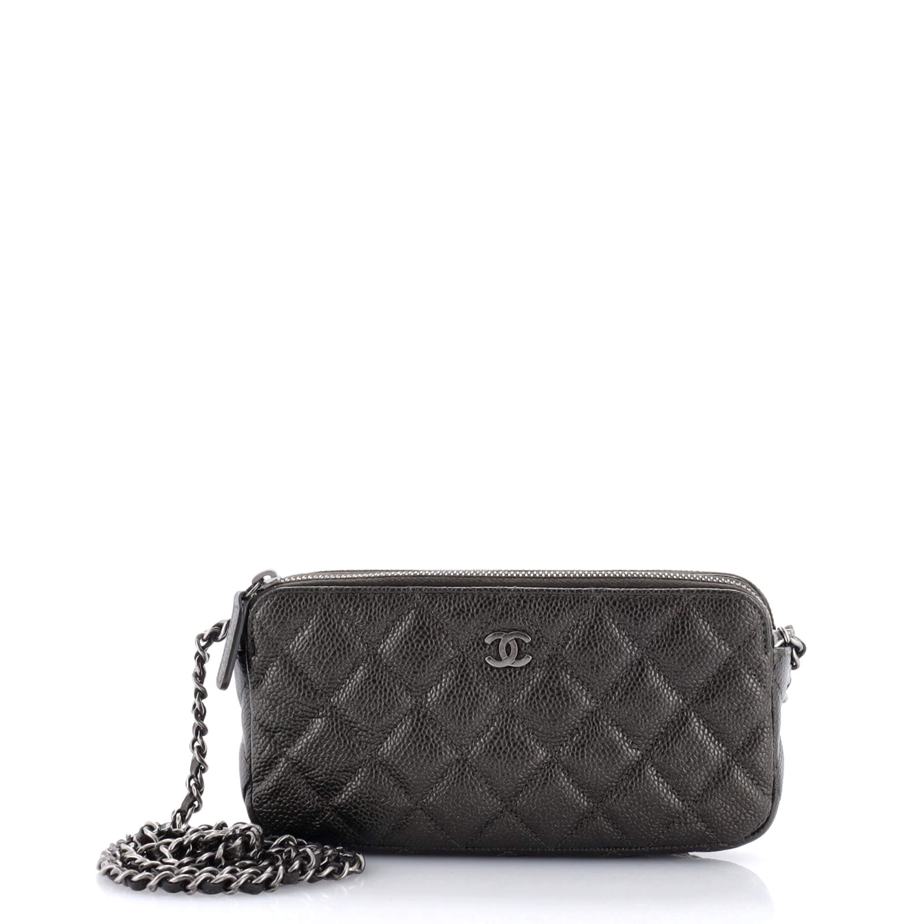 Double Zip Clutch with Chain Quilted Iridescent Caviar