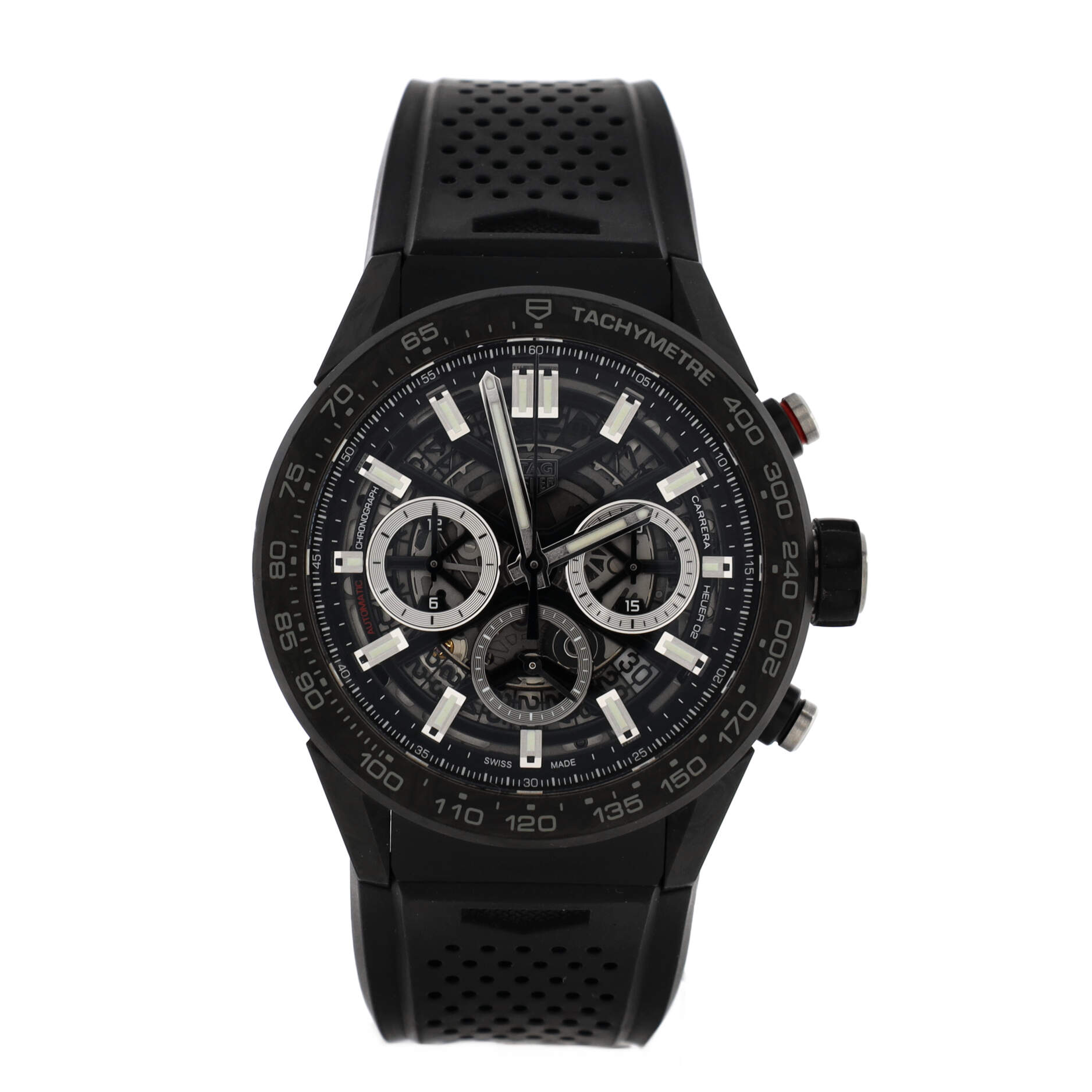 Carrera Calibre Heuer 02 Skeleton Chronograph Automatic Watch Carbon and Rubber 45