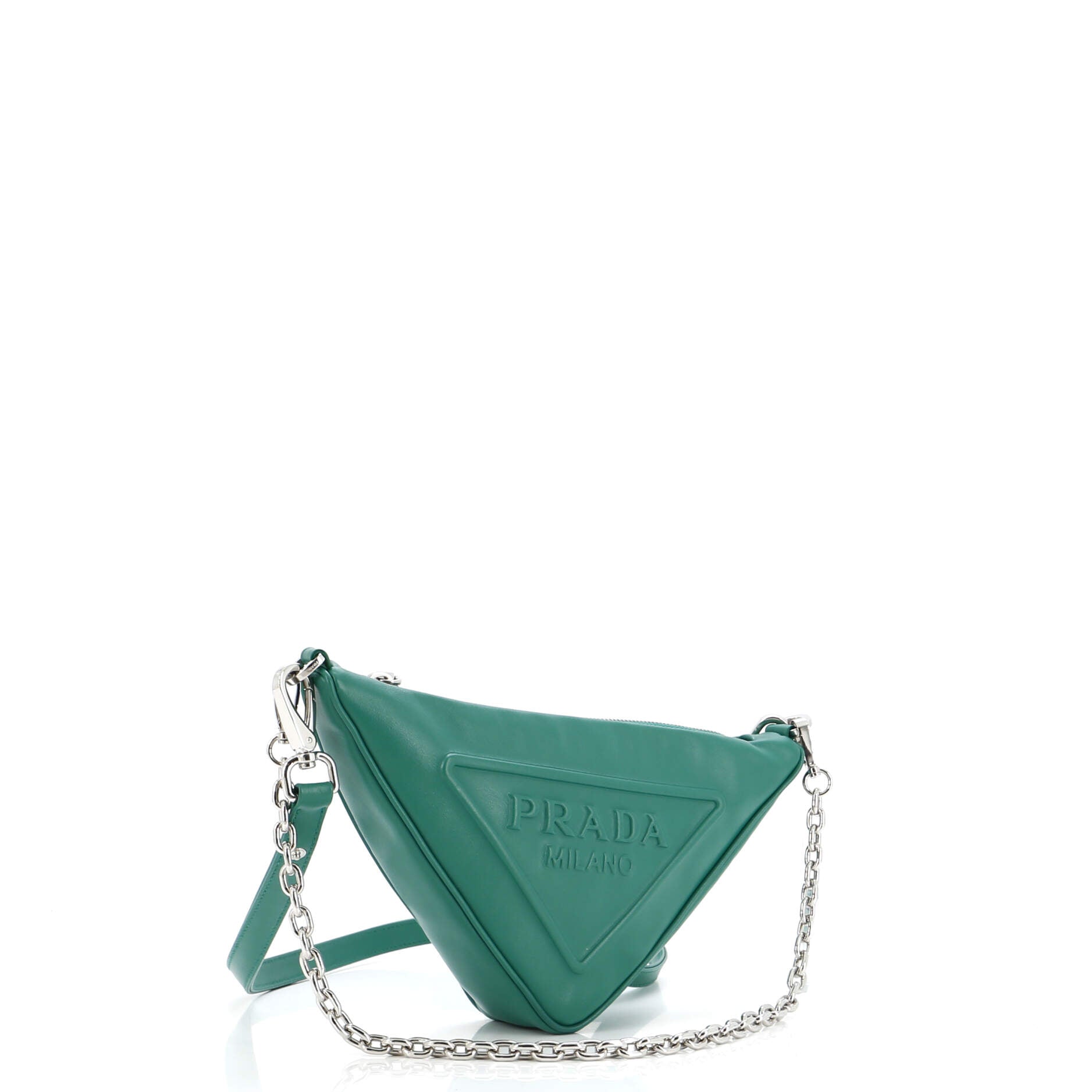 Triangle Logo Zip Chain Crossbody Bag Embossed Leather Small