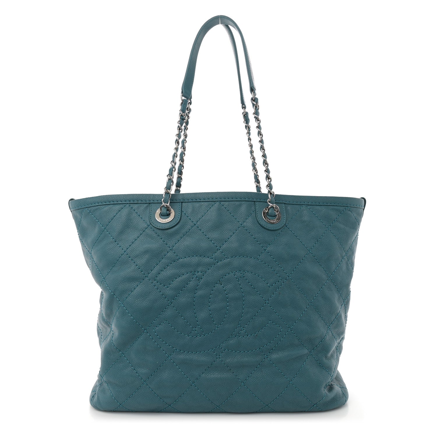 Grained Calfskin Quilted Small Daily Shopping Tote Turquoise