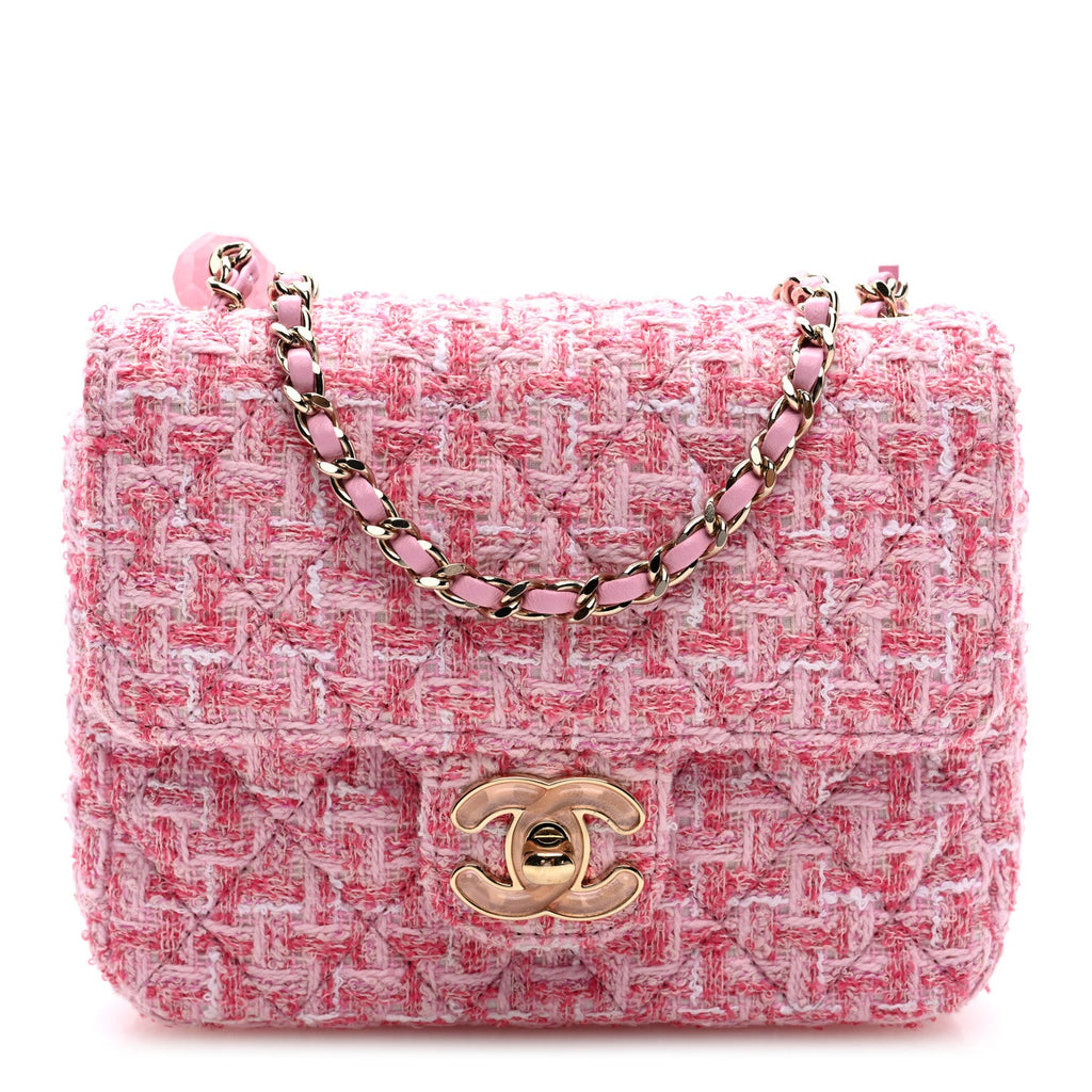 Tweed Resin Quilted Mini Heart Square Flap Pink White