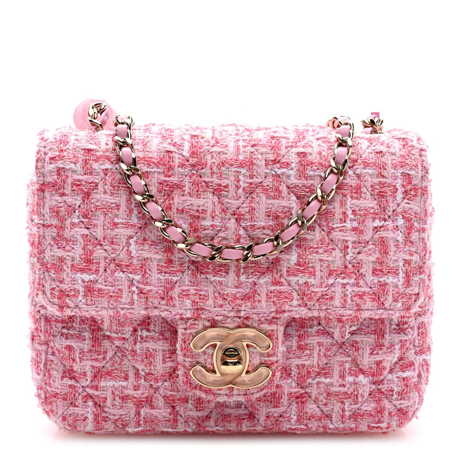 Tweed Resin Quilted Mini Heart Square Flap Pink White