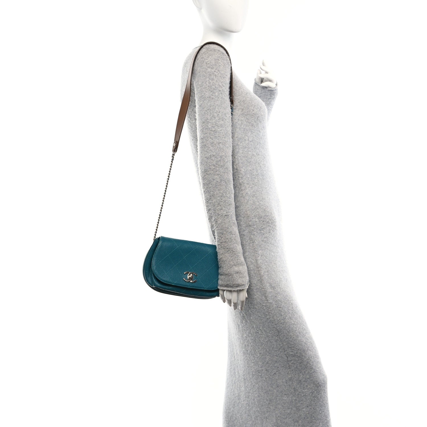 Grained Calfskin Stitched Small Messenger Flap Bag Teal