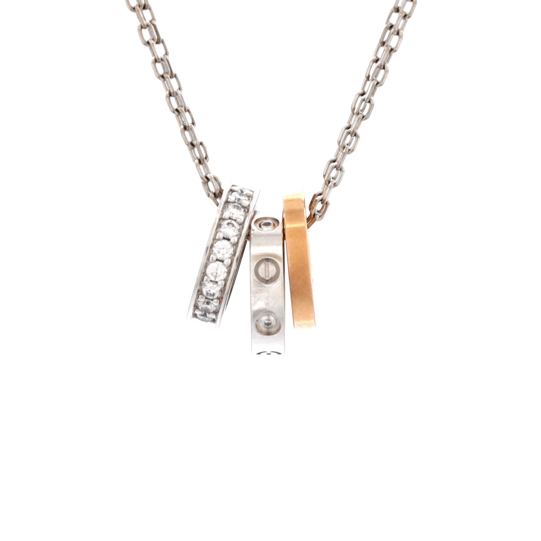 Love 3 Ring Pendant Necklace 18K Rose Gold and 18K White Gold with Diamonds