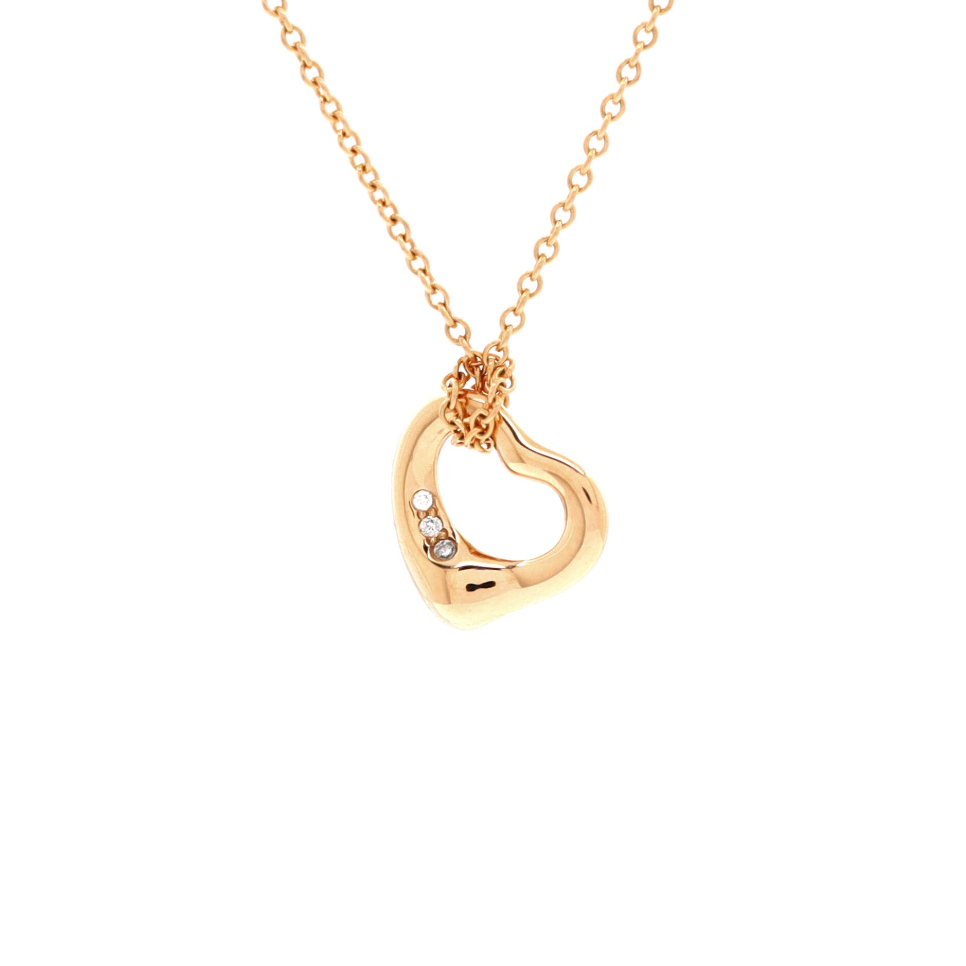 Elsa Peretti Open Heart 3 Diamonds Pendant Necklace 18K Rose Gold and Diamonds