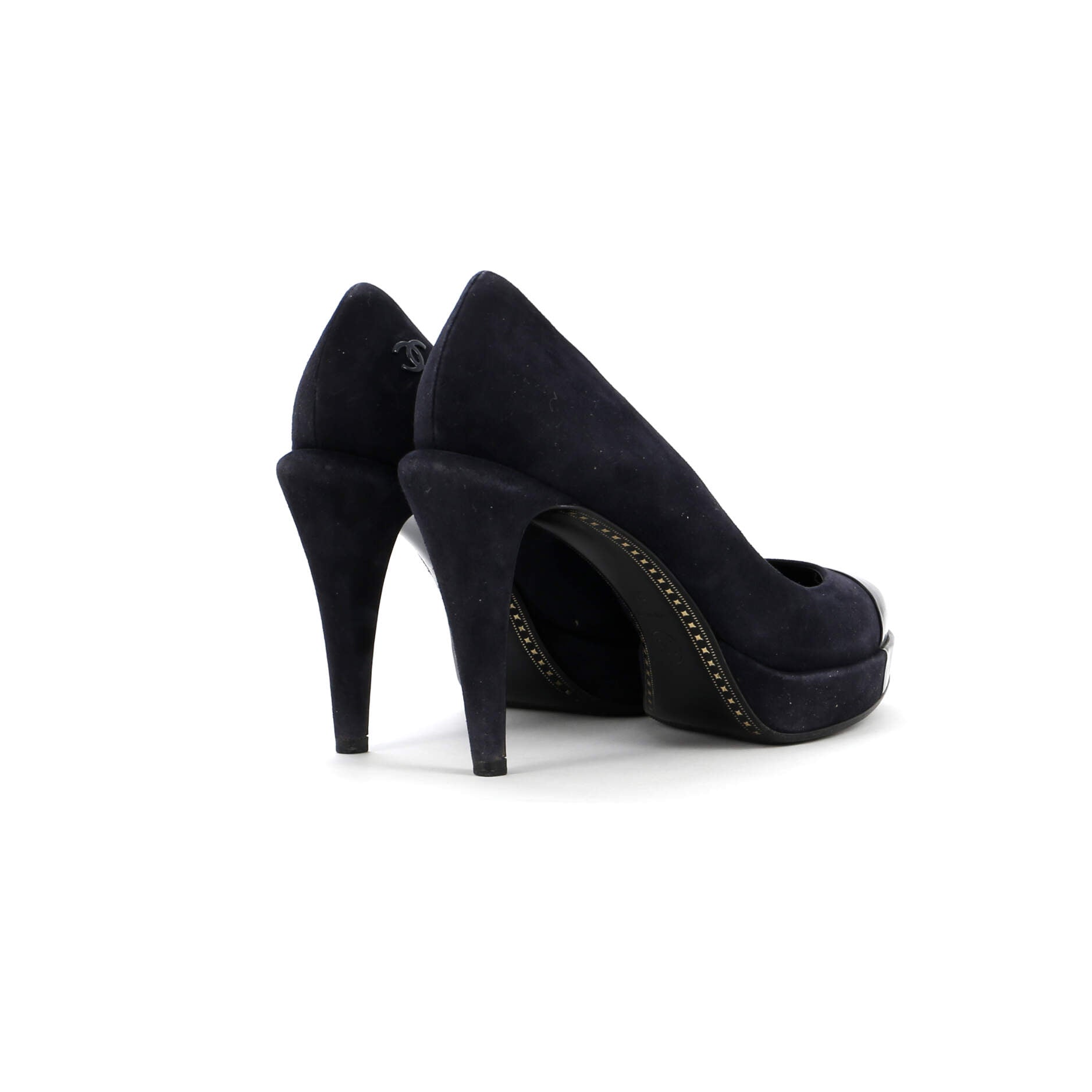 Women's CC Cap Toe Logo Heel Pumps Suede with Patent