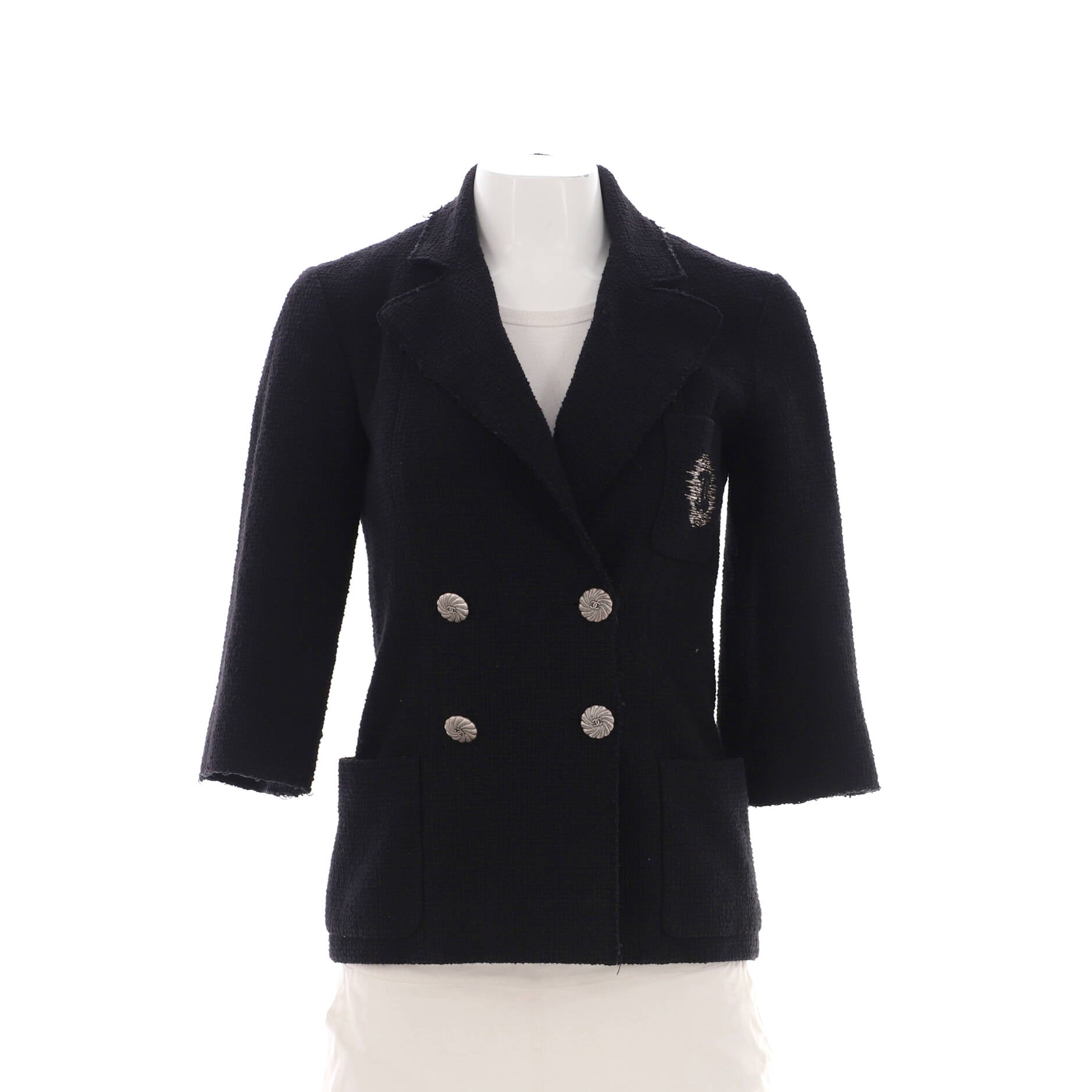 Women's CC Logo Cropped Sleeve Double Breasted Blazer Cotton Tweed