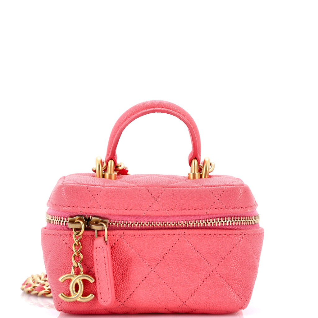 Top Handle Zip Around Vanity Case with Chain Quilted Caviar Mini