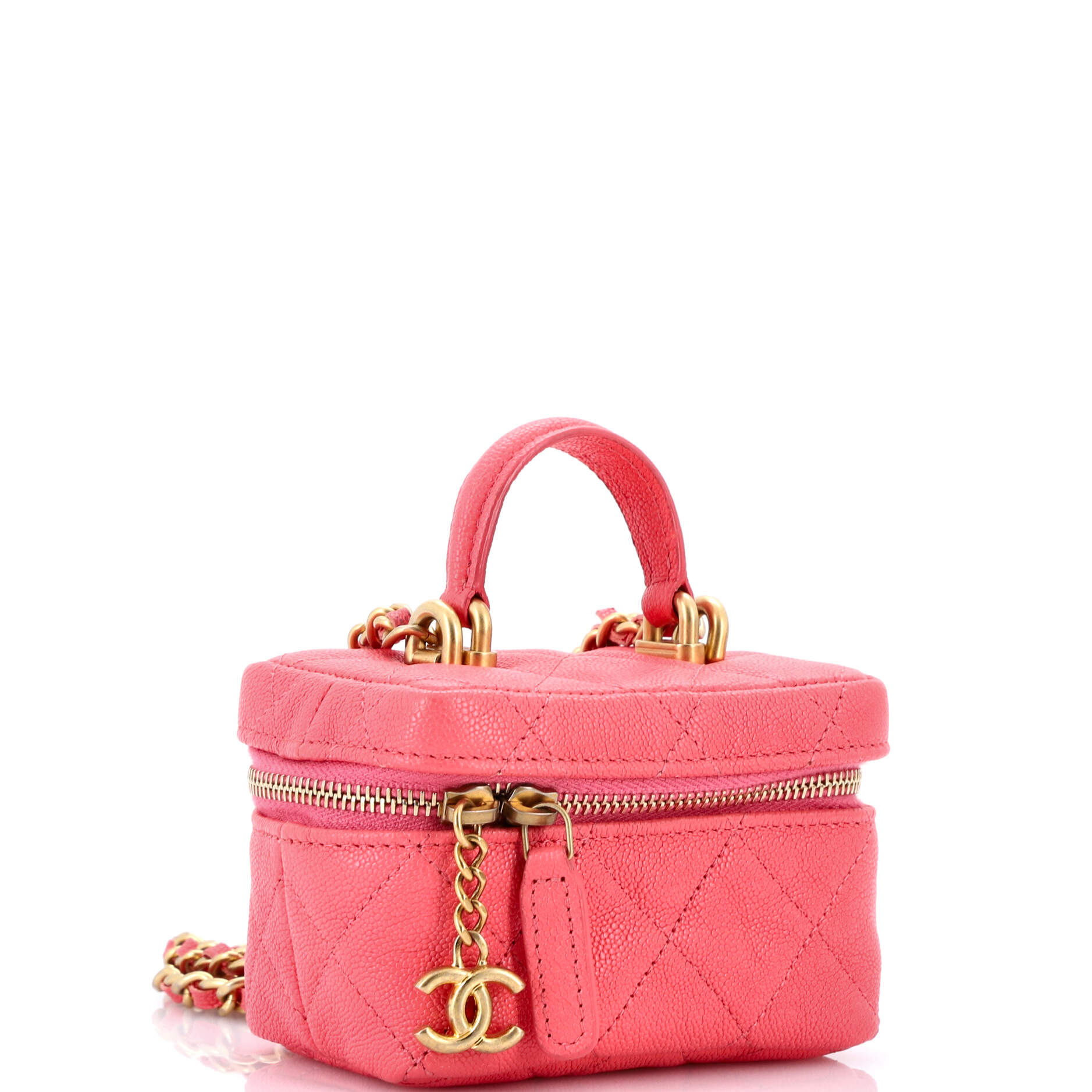 Top Handle Zip Around Vanity Case with Chain Quilted Caviar Mini