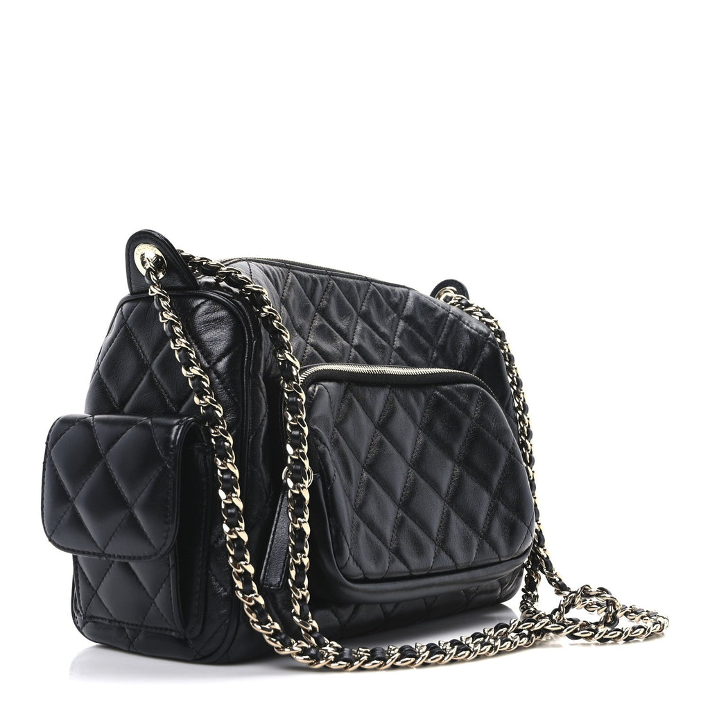 Shiny Crumpled Lambskin Quilted Medium Preppy Pocket Camera Case Black