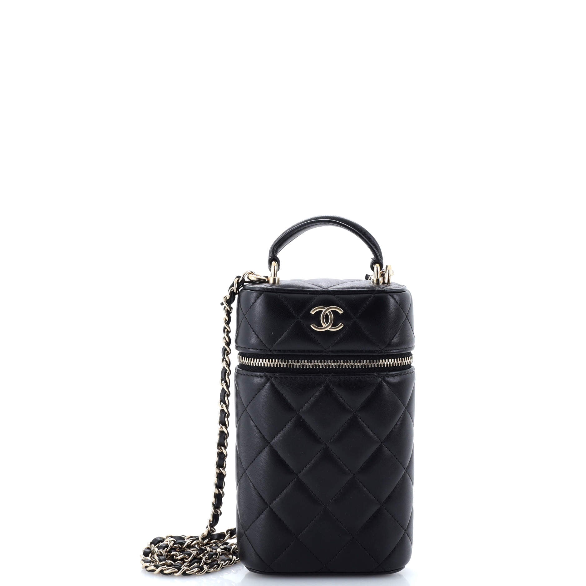 Classic Vanity Top Handle Phone Holder with Chain Quilted Lambskin