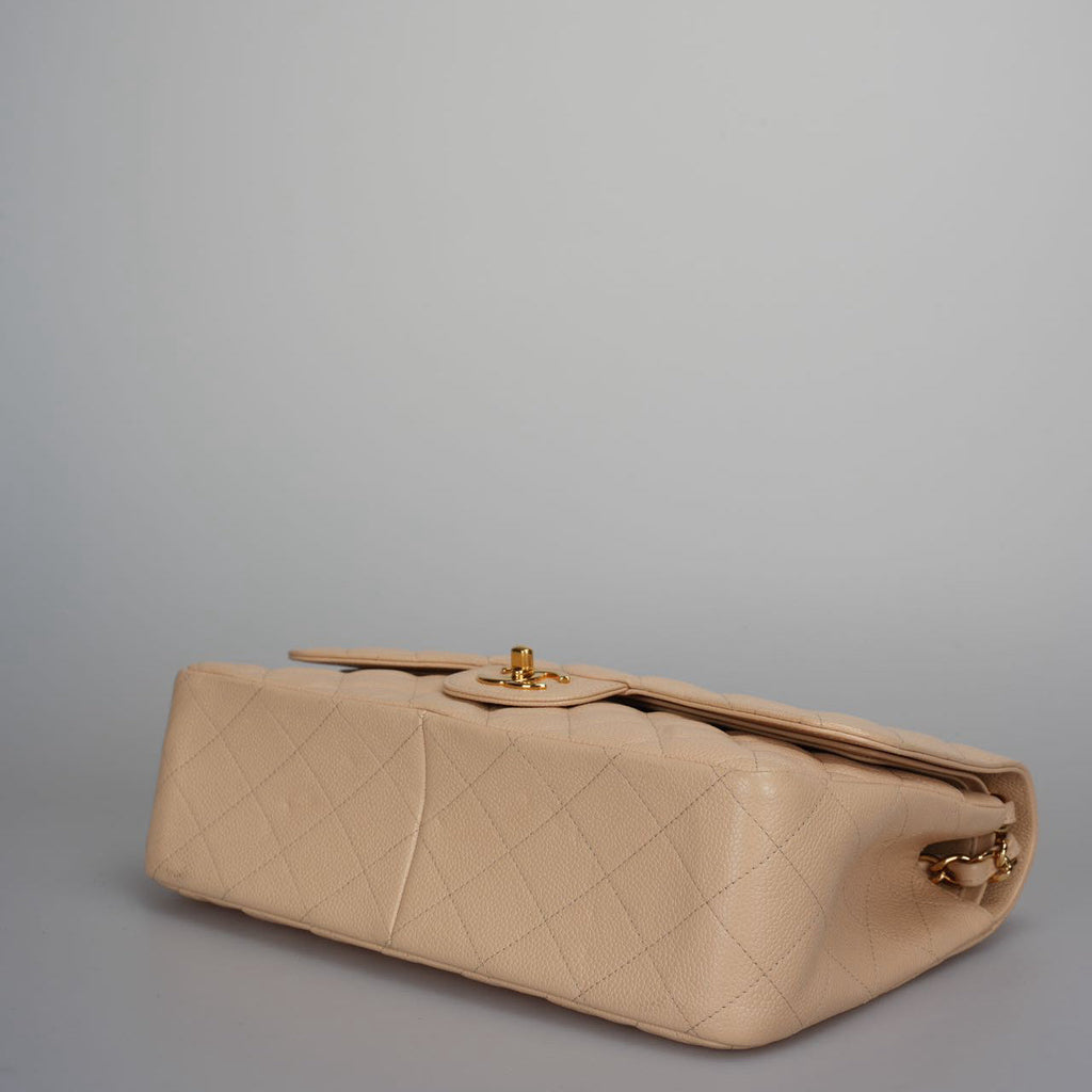 Chanel Classic Double Flap Bag Jumbo in Beige Quilted Caviar Leather with Gold Hardware