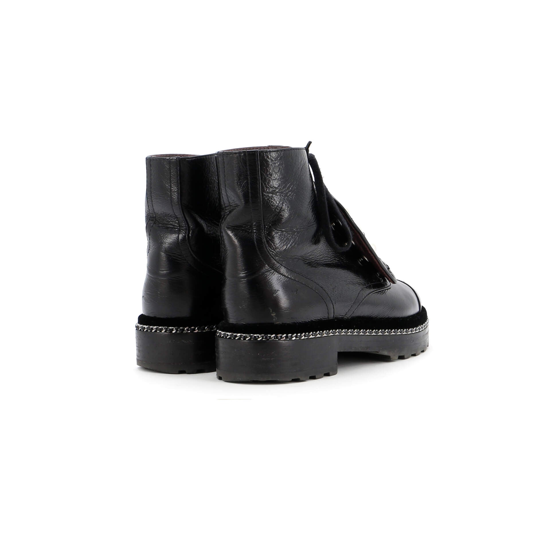 Women's Cap Toe CC Chain Around Pearl Combat Boots Leather