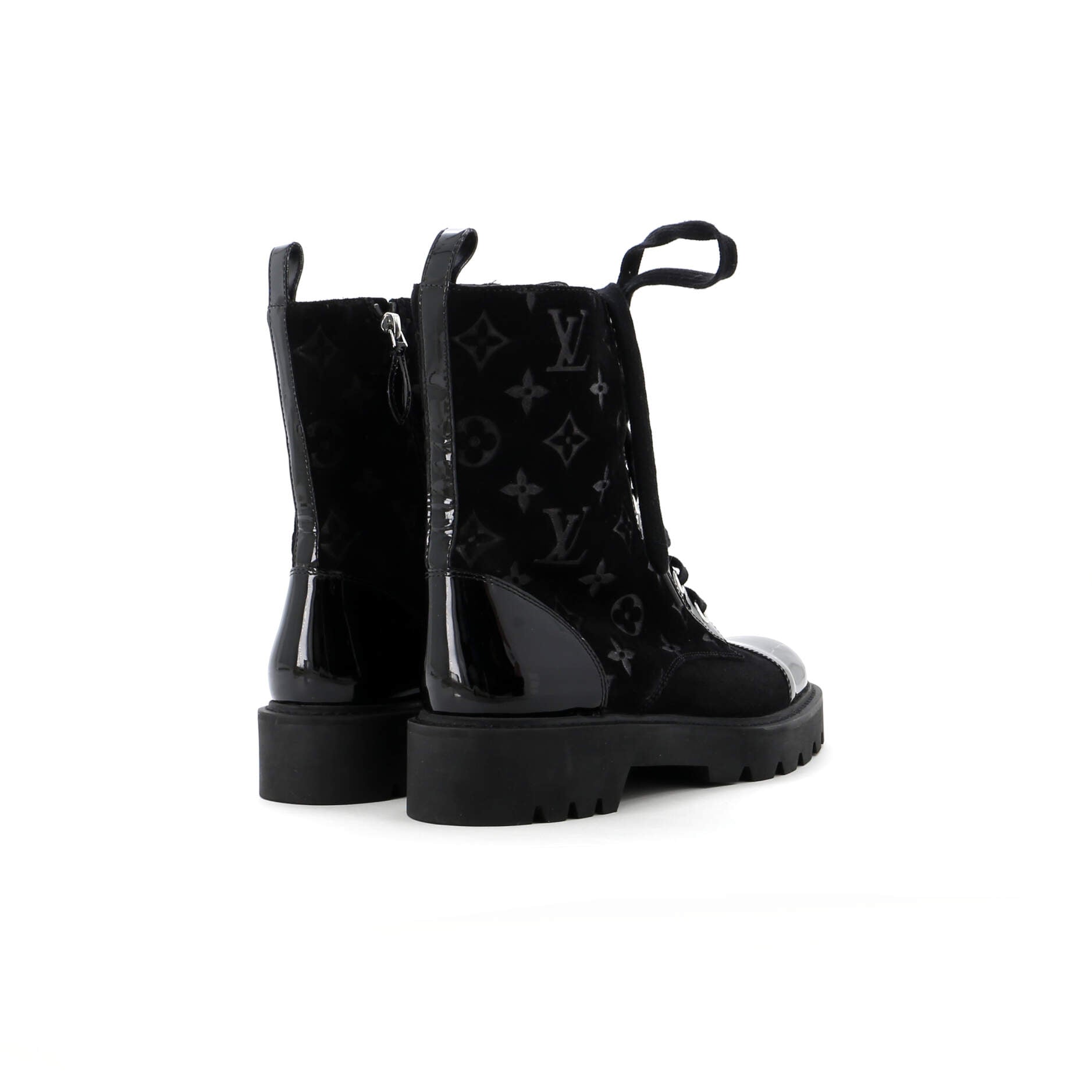 Women's Cap Toe Territory Flat Ranger Boots Monogram Embossed Suede and Patent
