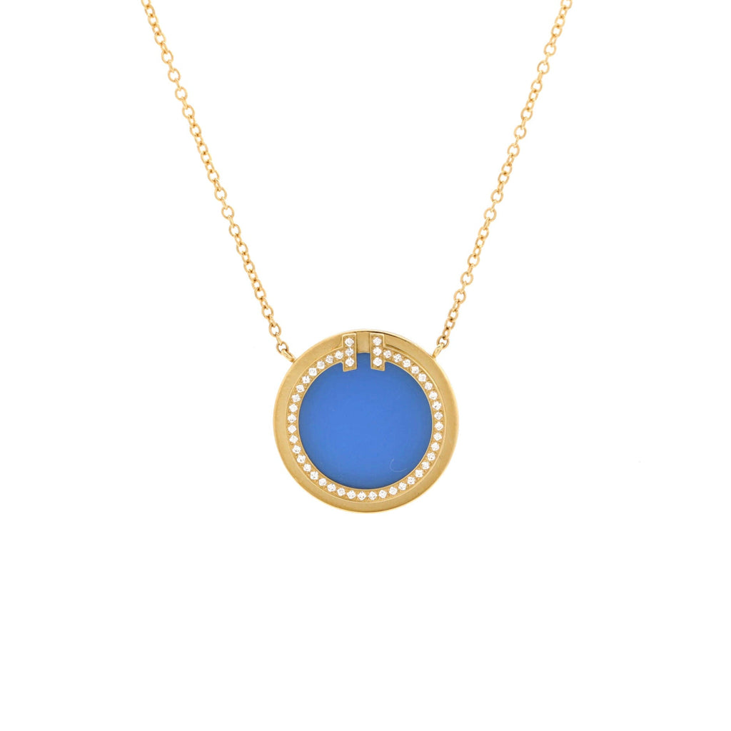 T Circle Pendant Necklace 18K Yellow Gold with Agate and Diamonds Large