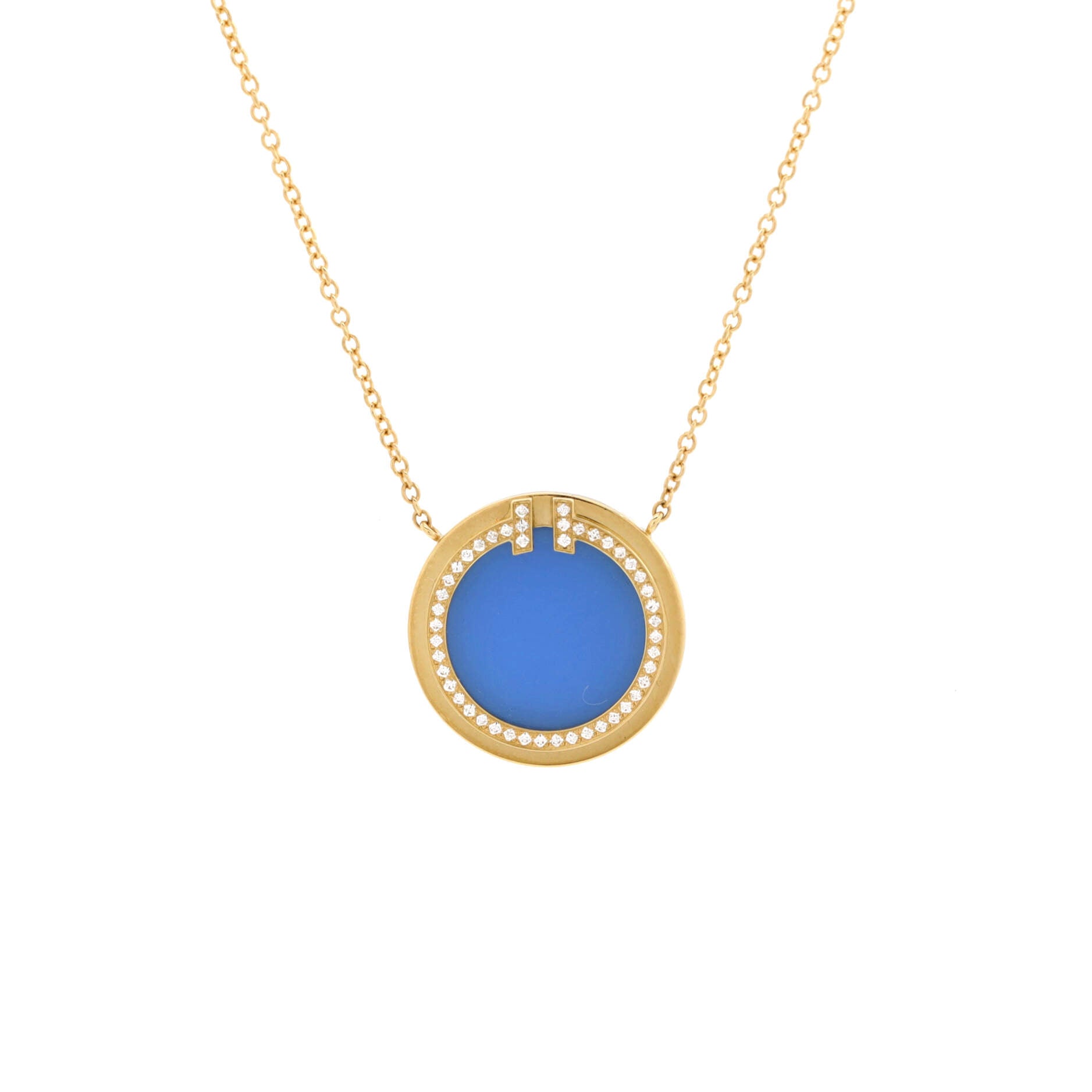 T Circle Pendant Necklace 18K Yellow Gold with Agate and Diamonds Large