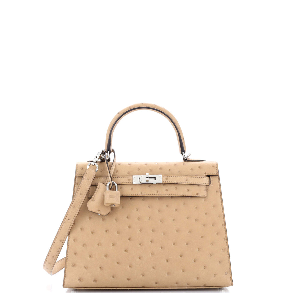 Kelly Handbag Brown Ostrich with Palladium Hardware 25