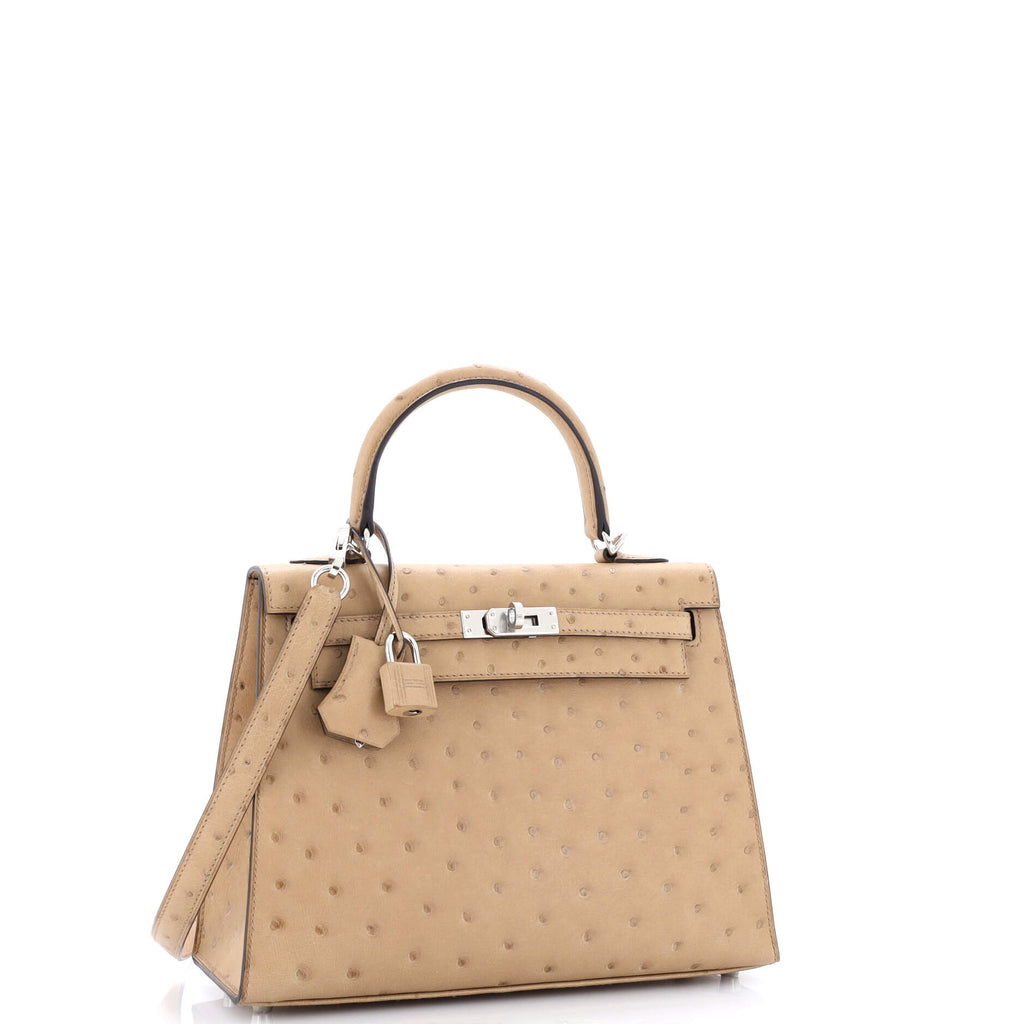 Kelly Handbag Brown Ostrich with Palladium Hardware 25