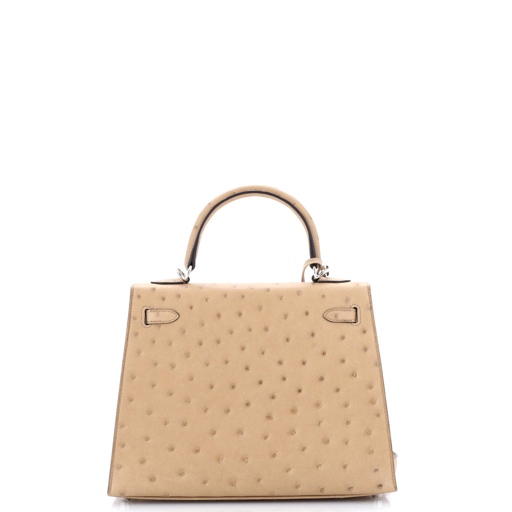 Kelly Handbag Brown Ostrich with Palladium Hardware 25