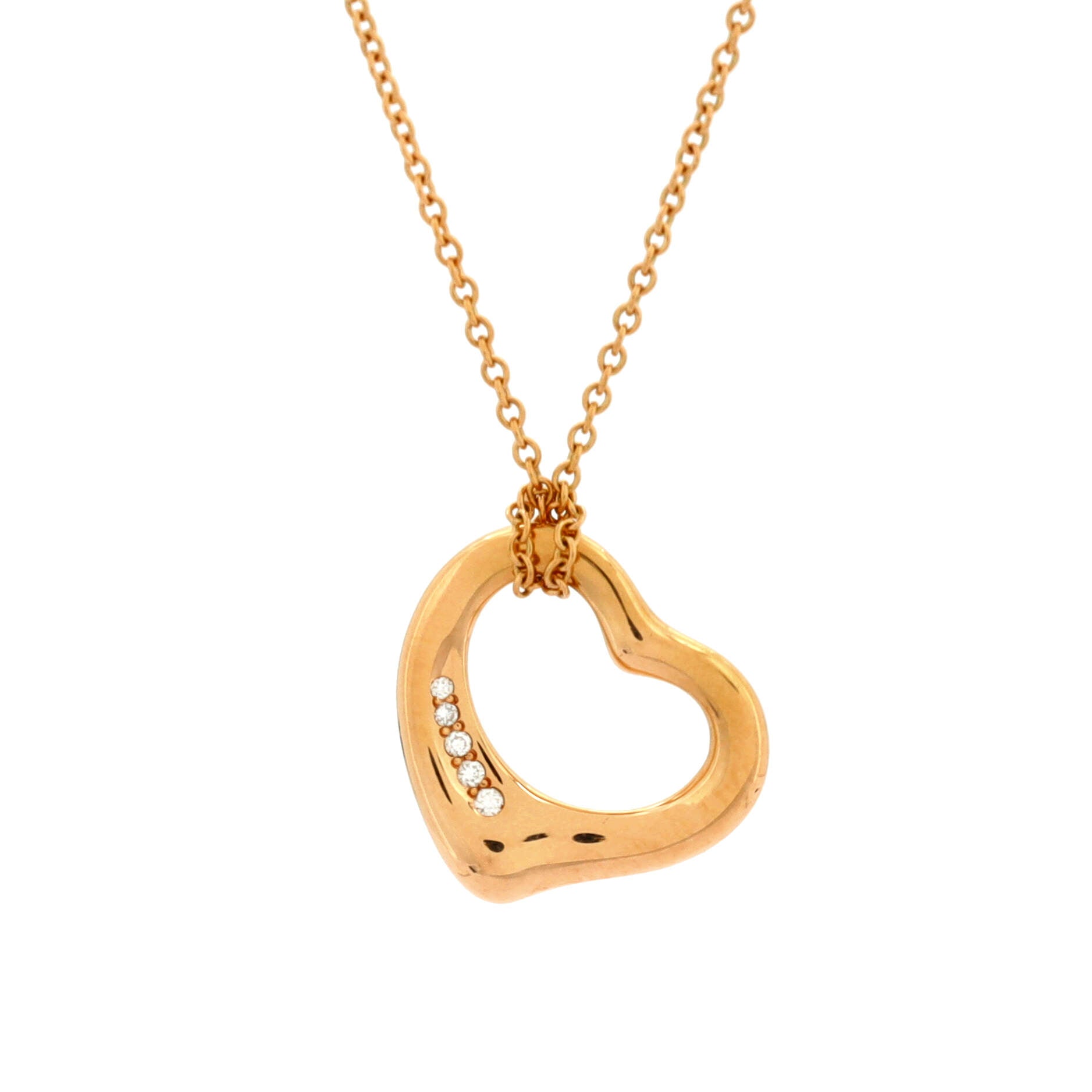Elsa Peretti Open Heart 5 Diamonds Pendant Necklace 18K Rose Gold with Diamonds