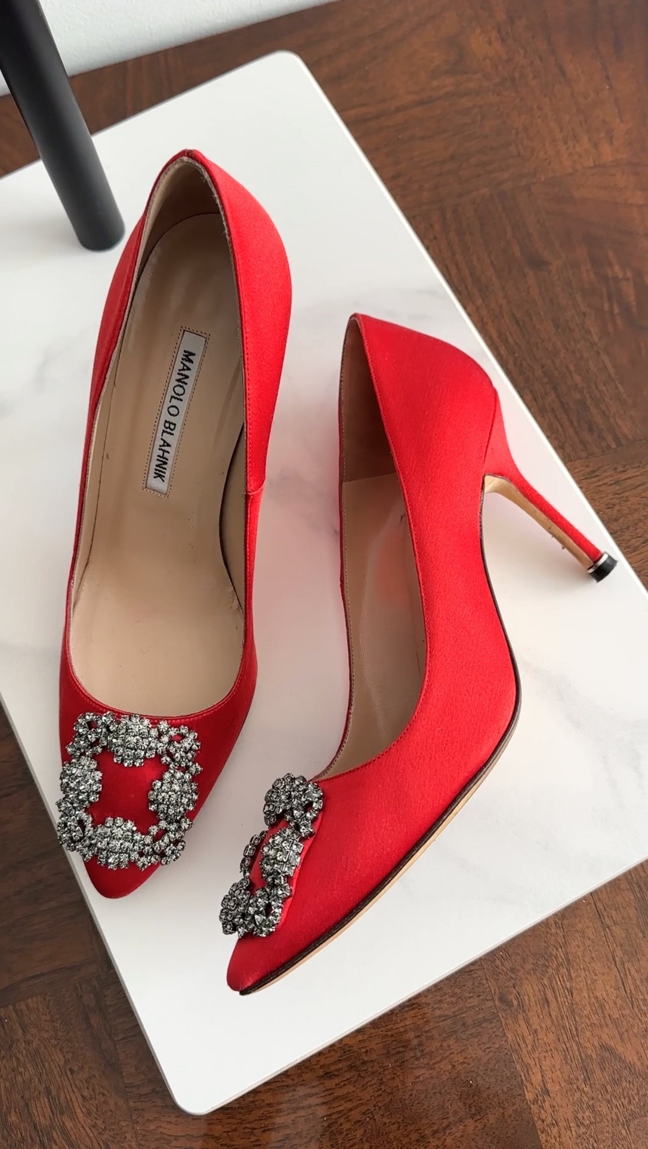 Manolo Blahnik Red Silk Satin Crystal Hangisi Pumps - 37
