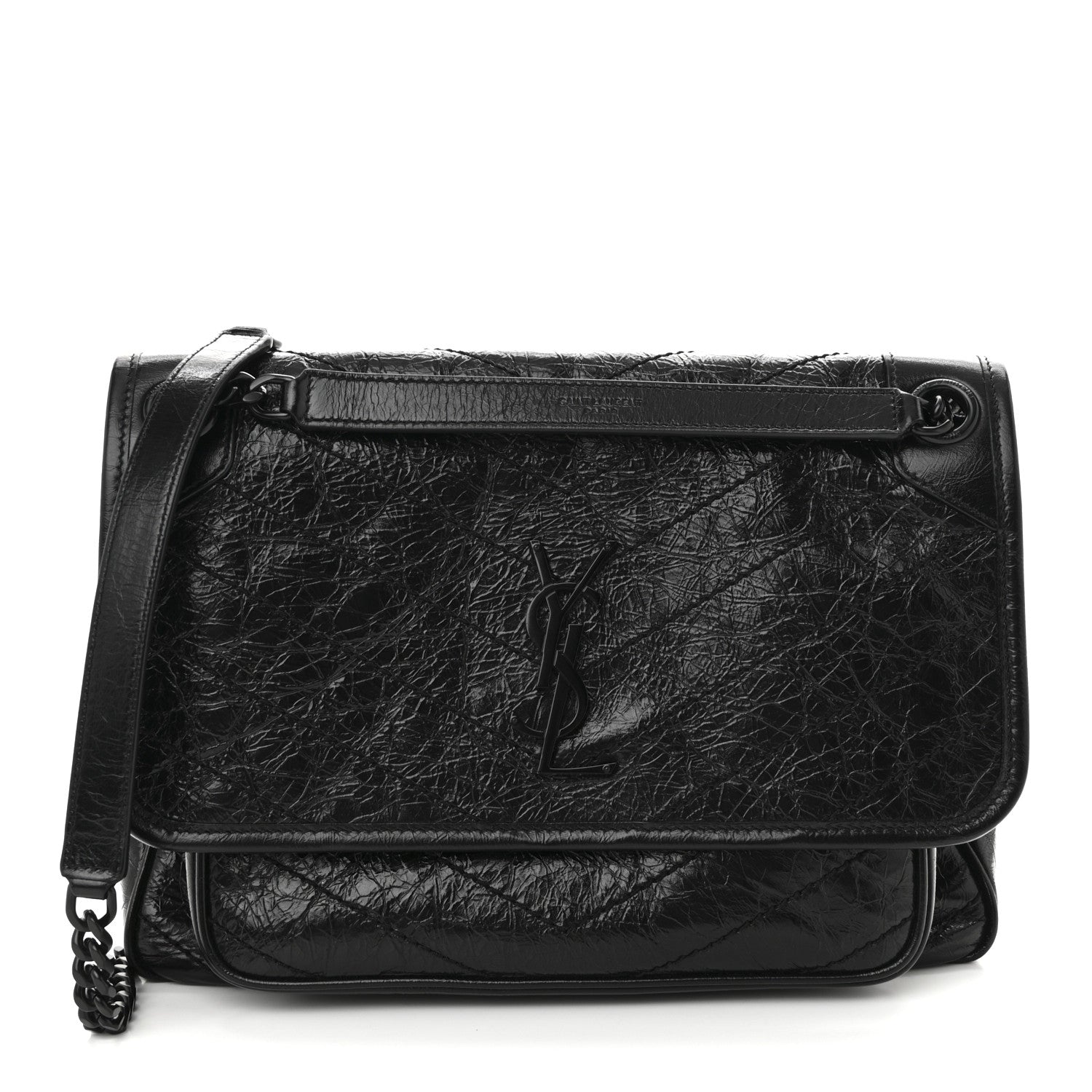 Crinkled Calfskin Matelasse Monogram Medium Niki Chain Satchel Black